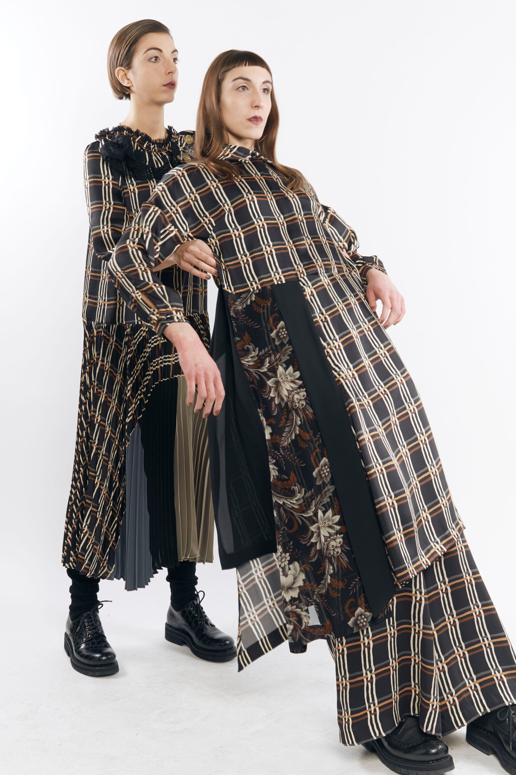 black and beige printed midi dresses