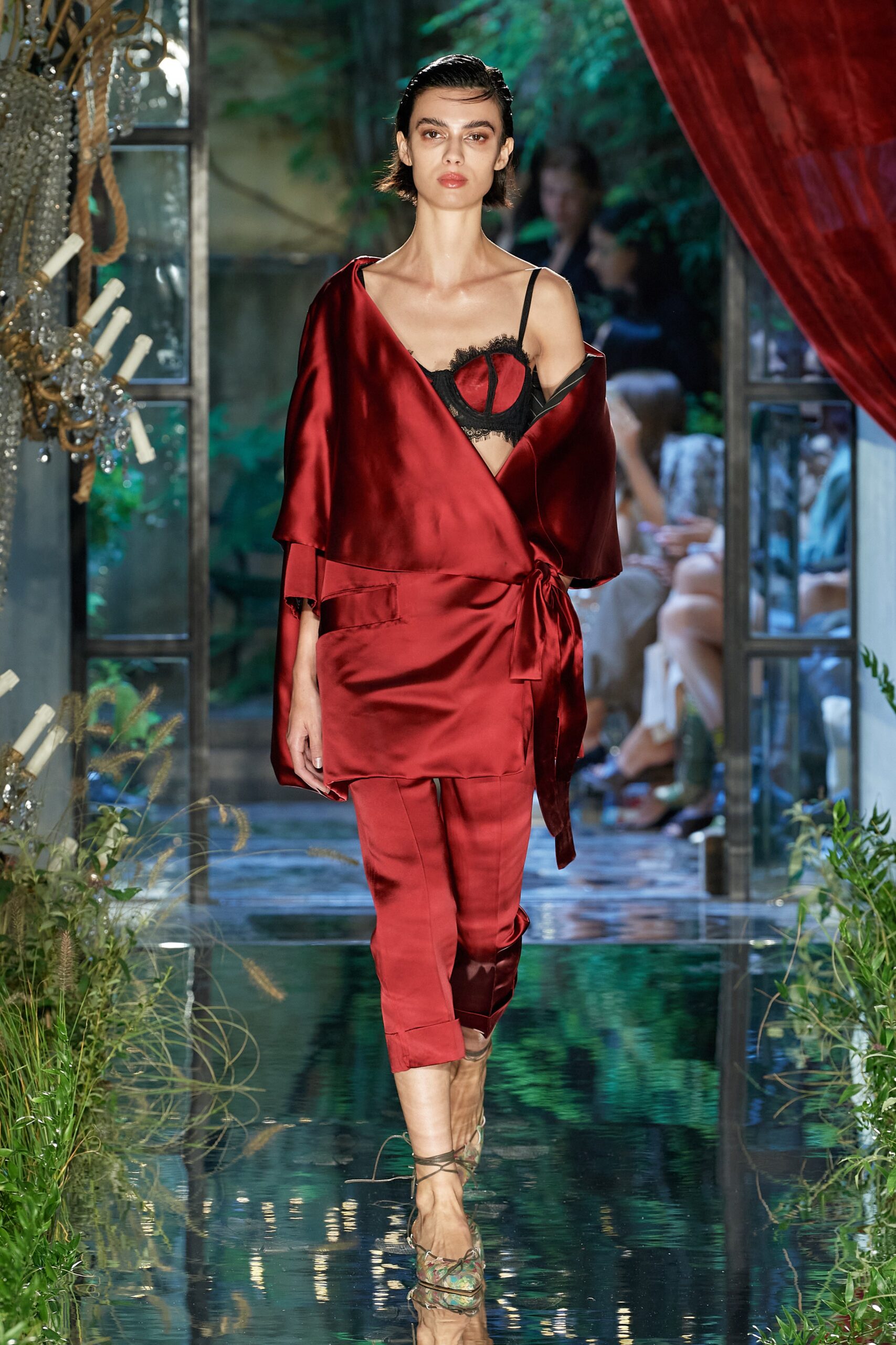 red silk top and pants