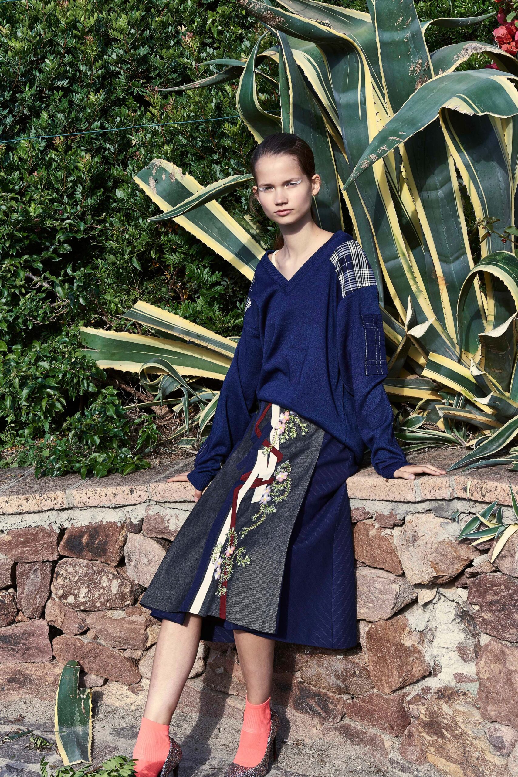 multi denim fitted pleated midi skirt