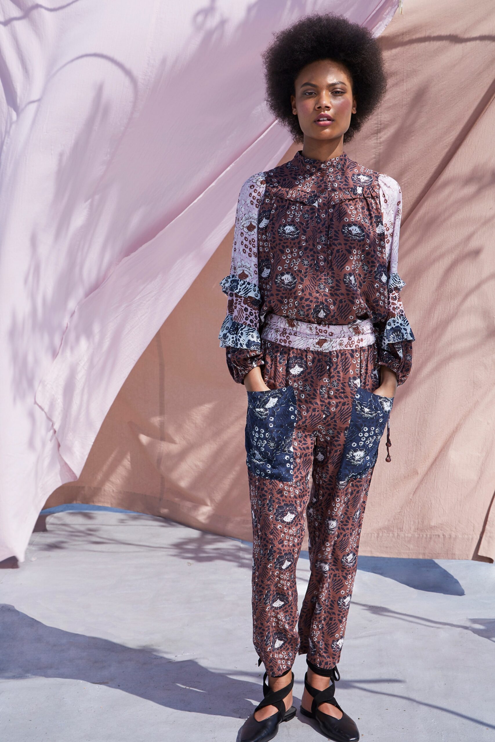 brown printed relaxed jumpsuit