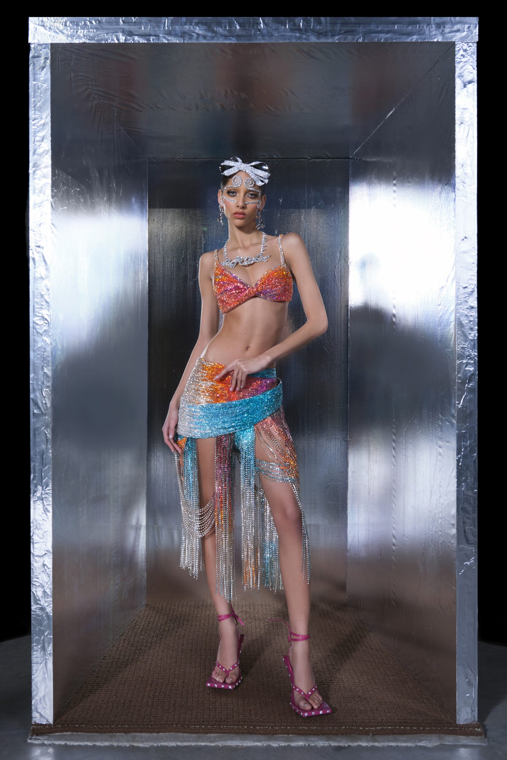 colorful bikini and fringed skirt