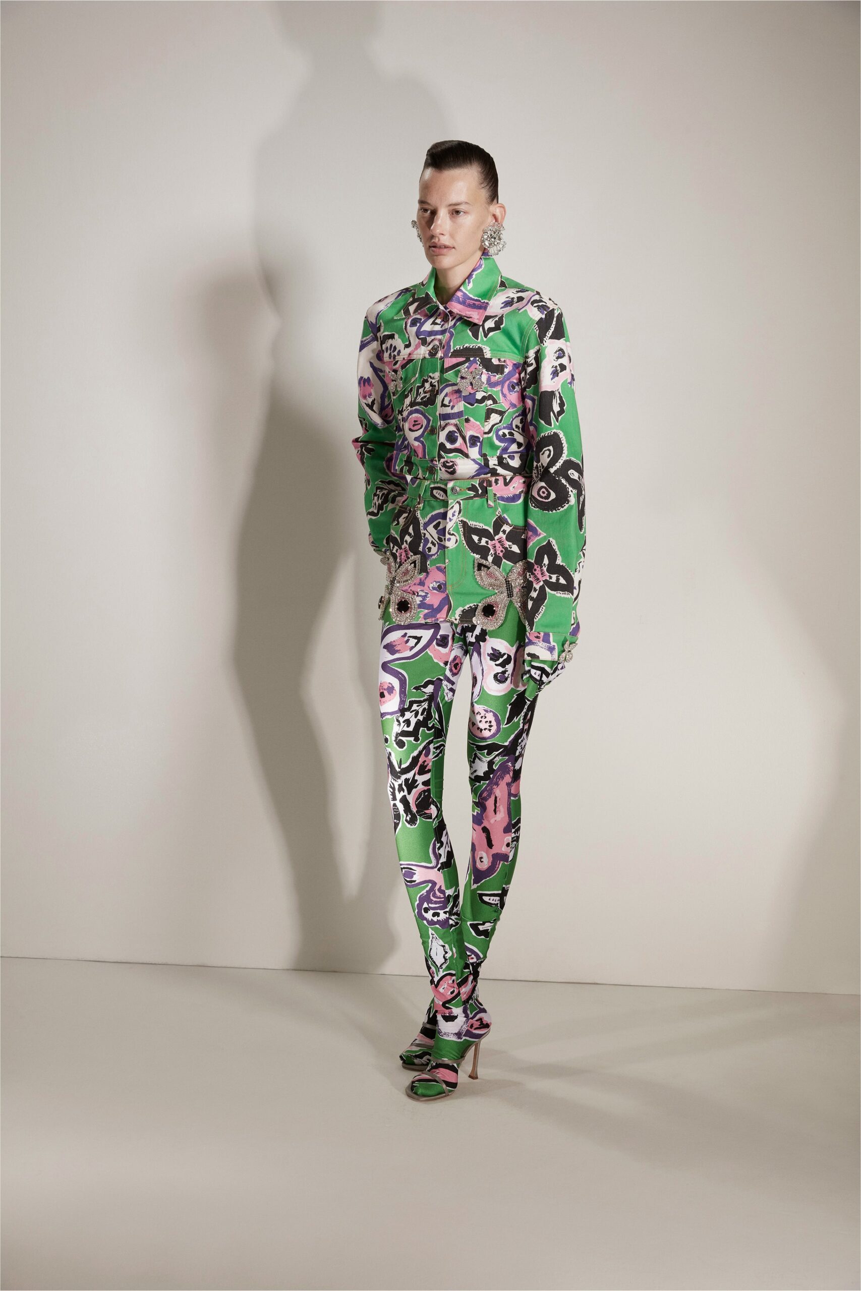 printed green jacket and leggings