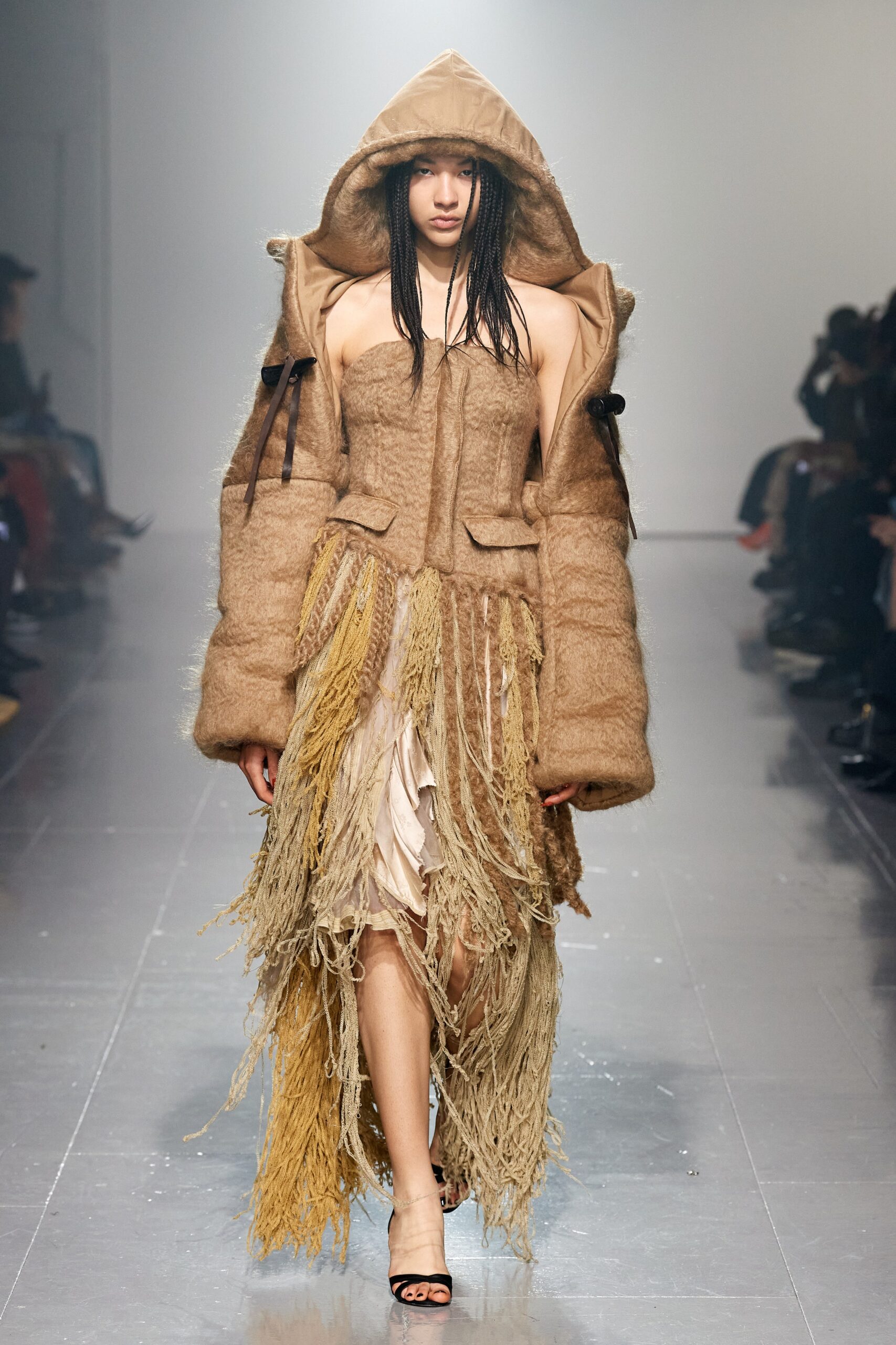 beige fringed midi dress with oversized coat