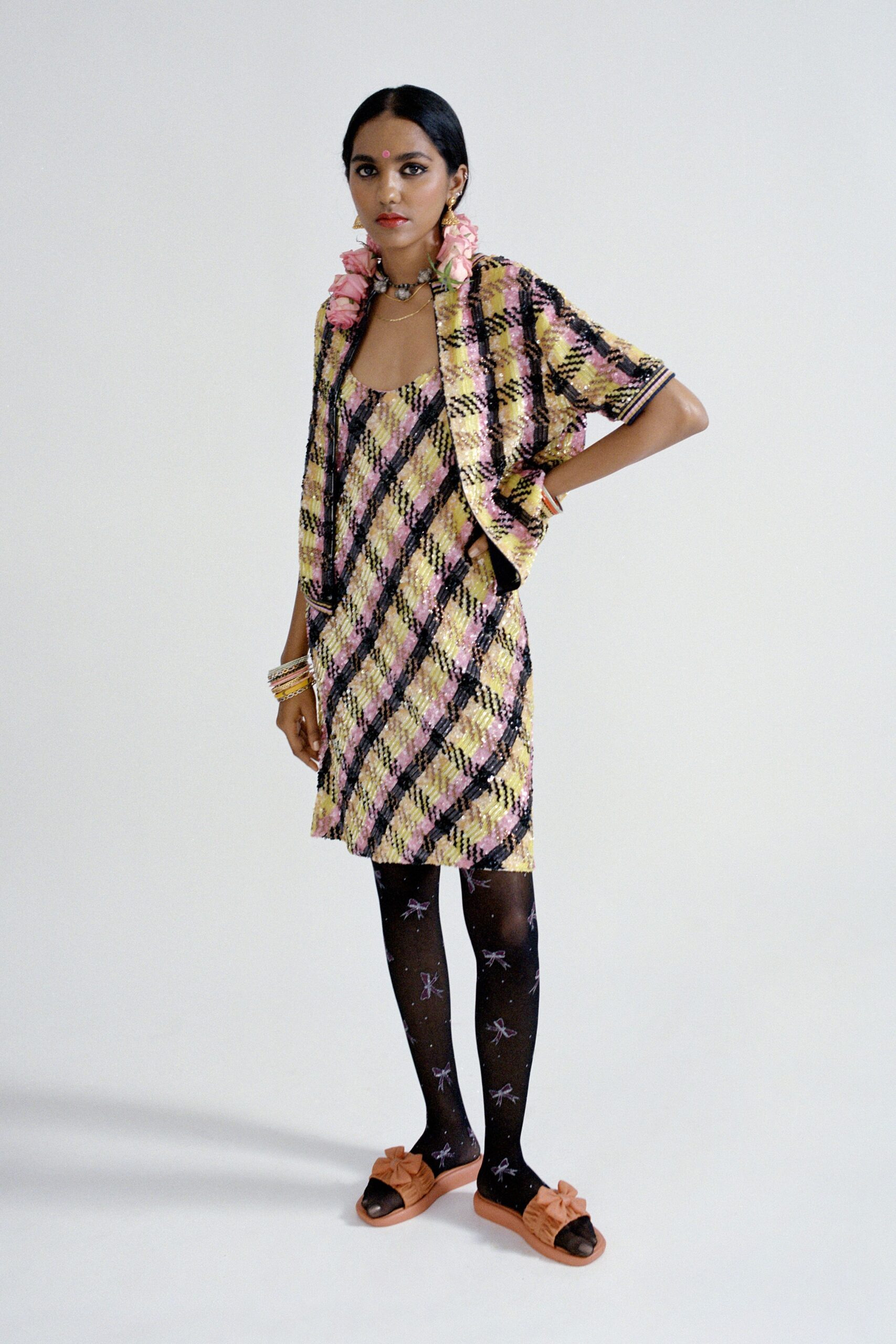 pink silk short-sleeve collared relaxed checked jacket