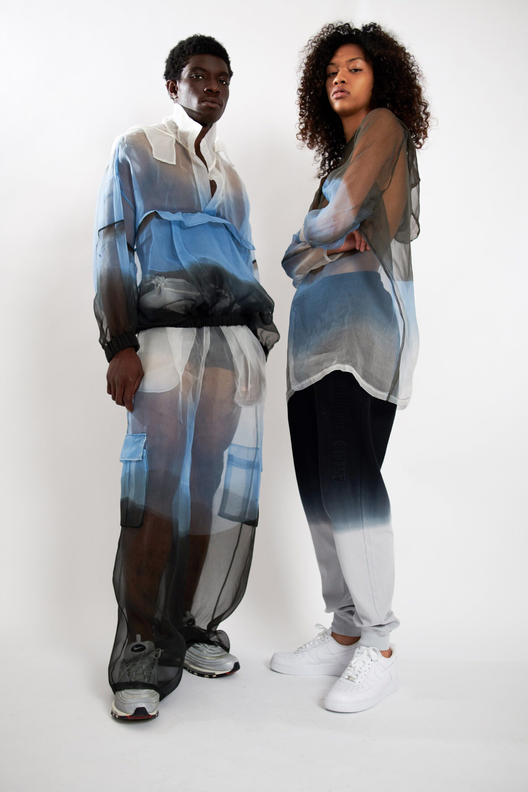blue chiffon long-sleeve collared relaxed layered sheer top