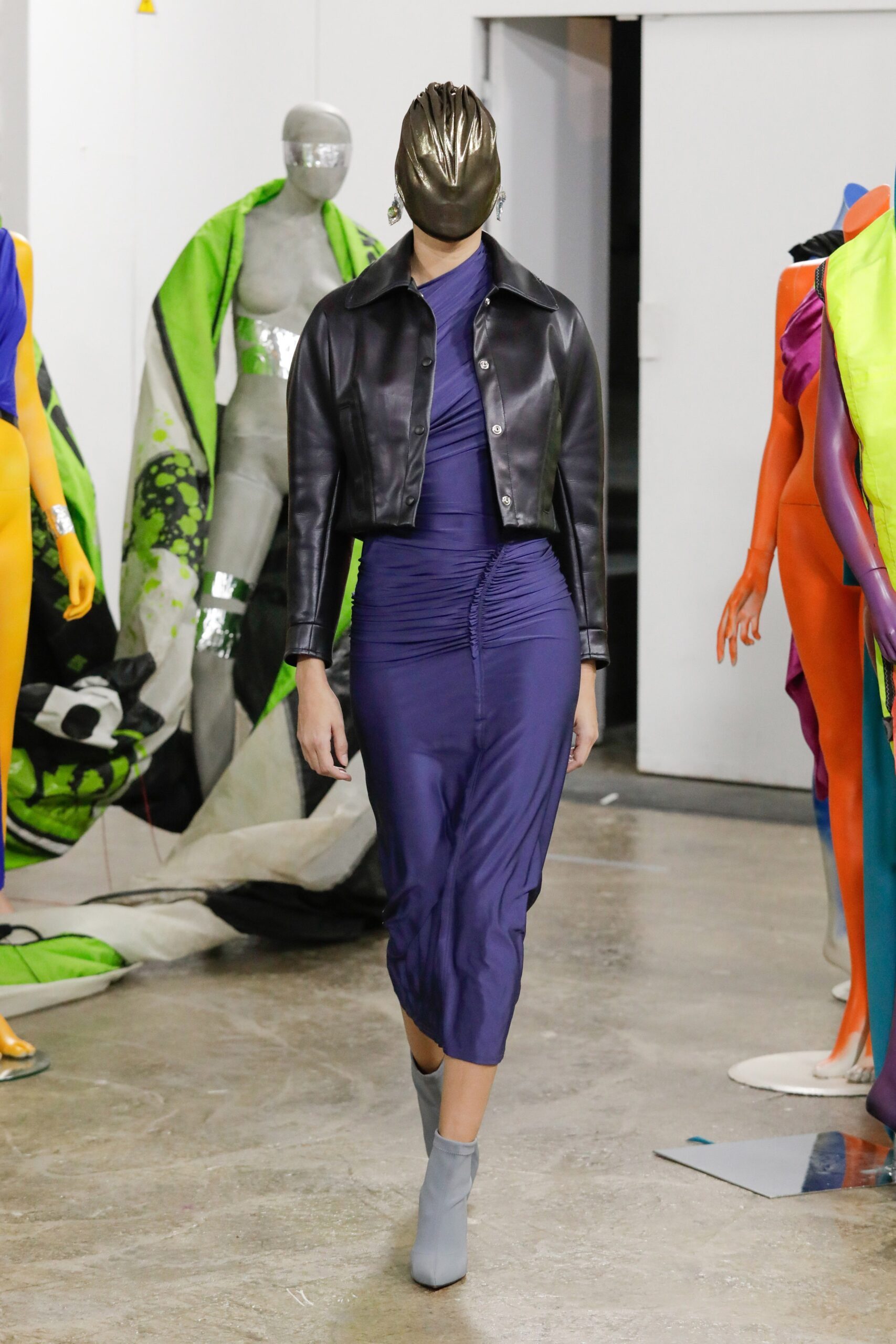 black leather jacket purple dress