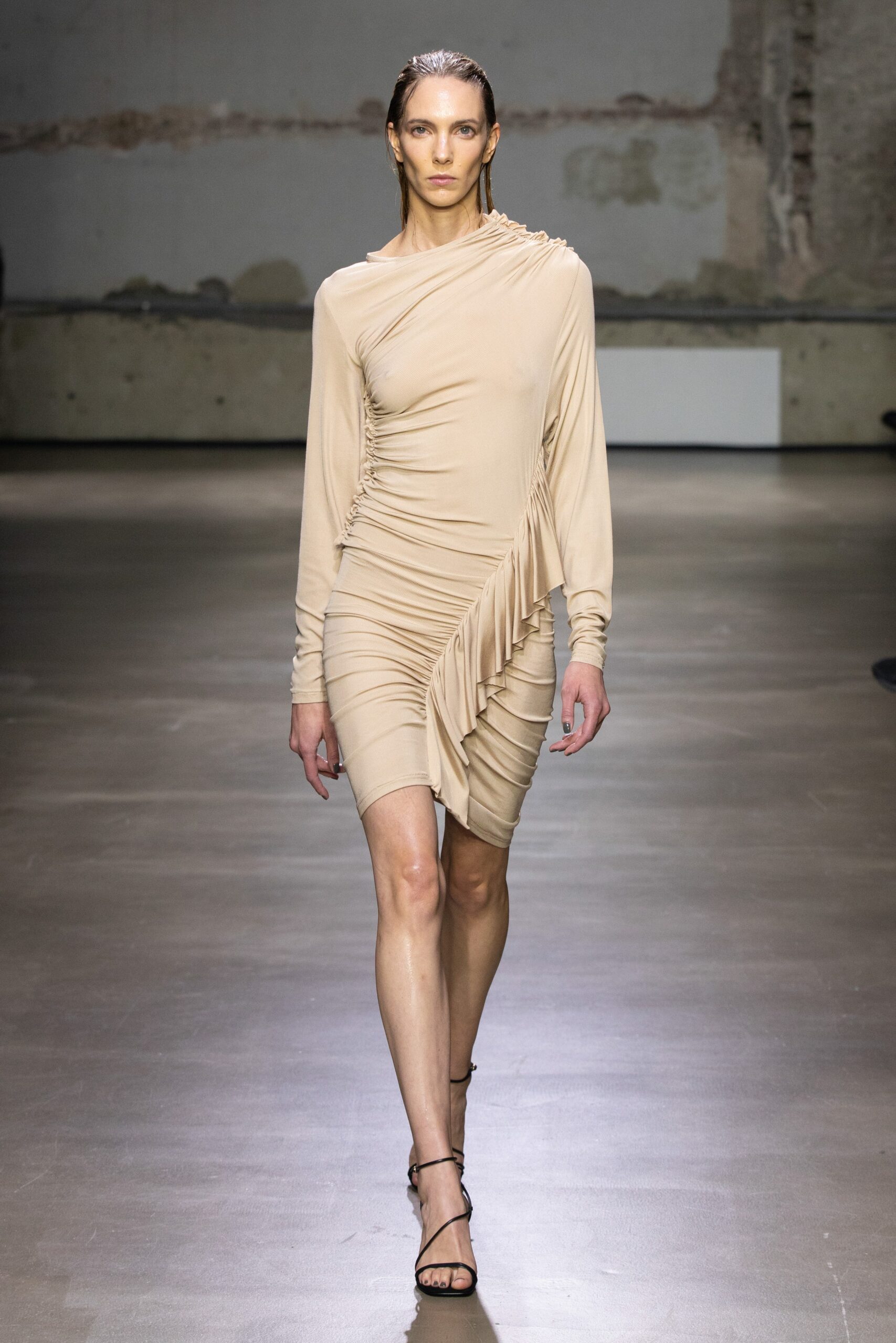 beige fitted long-sleeve dress