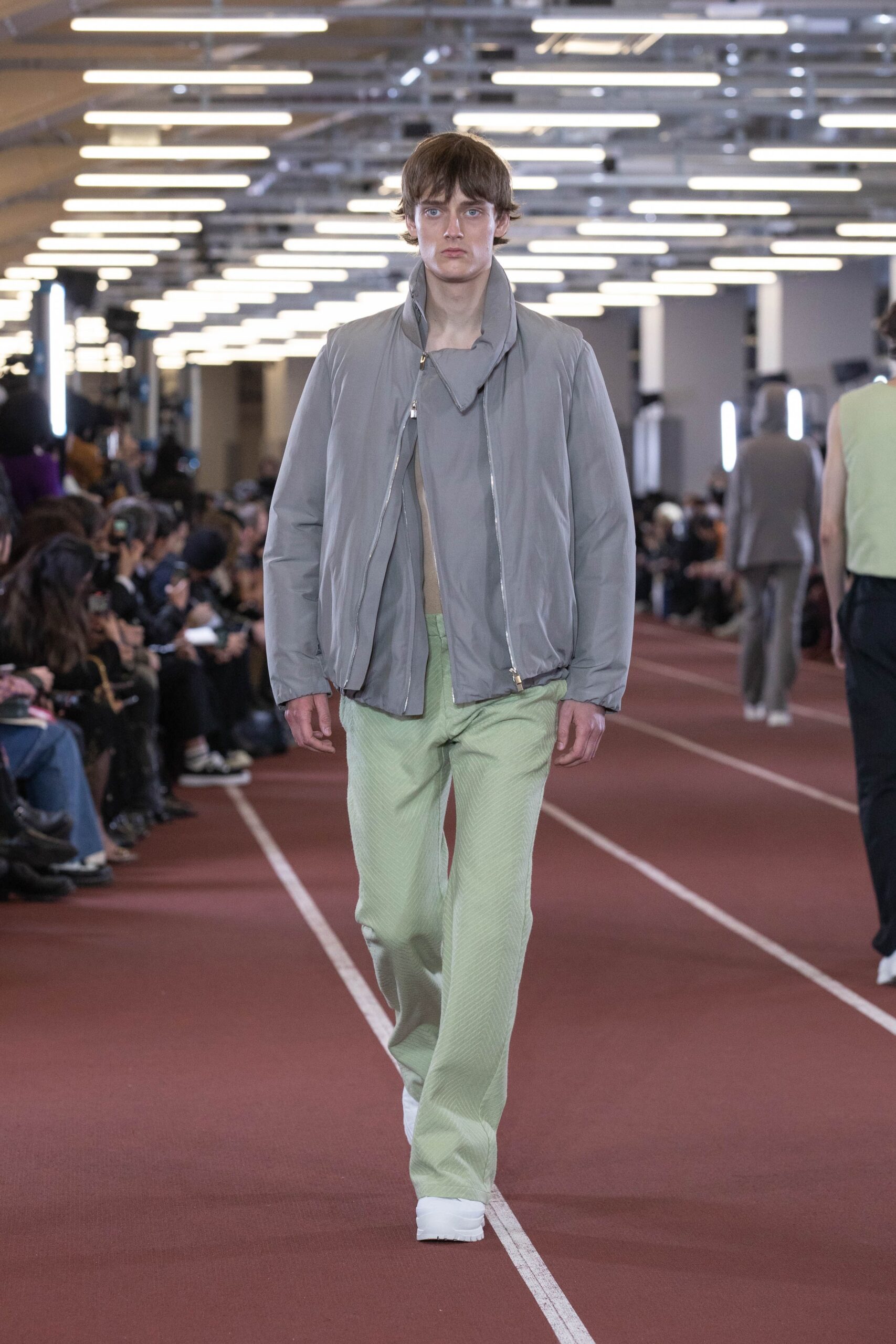 green cotton fitted straight-leg pants