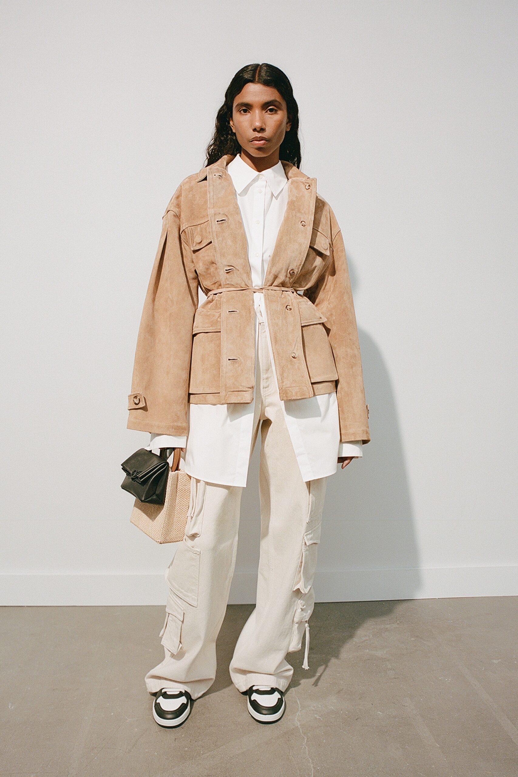 beige suede long-sleeve collared relaxed buttoned belted jacket