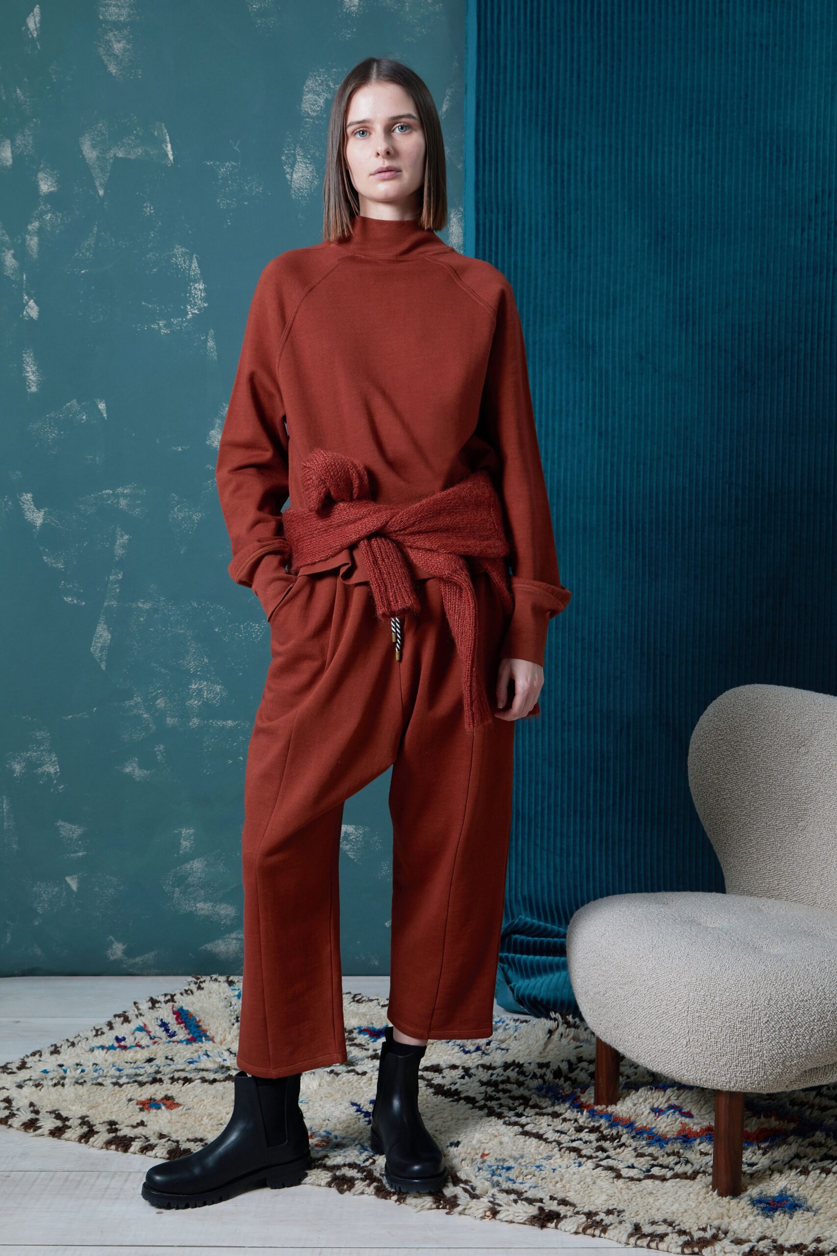 red cotton long-sleeve high-neck relaxed top