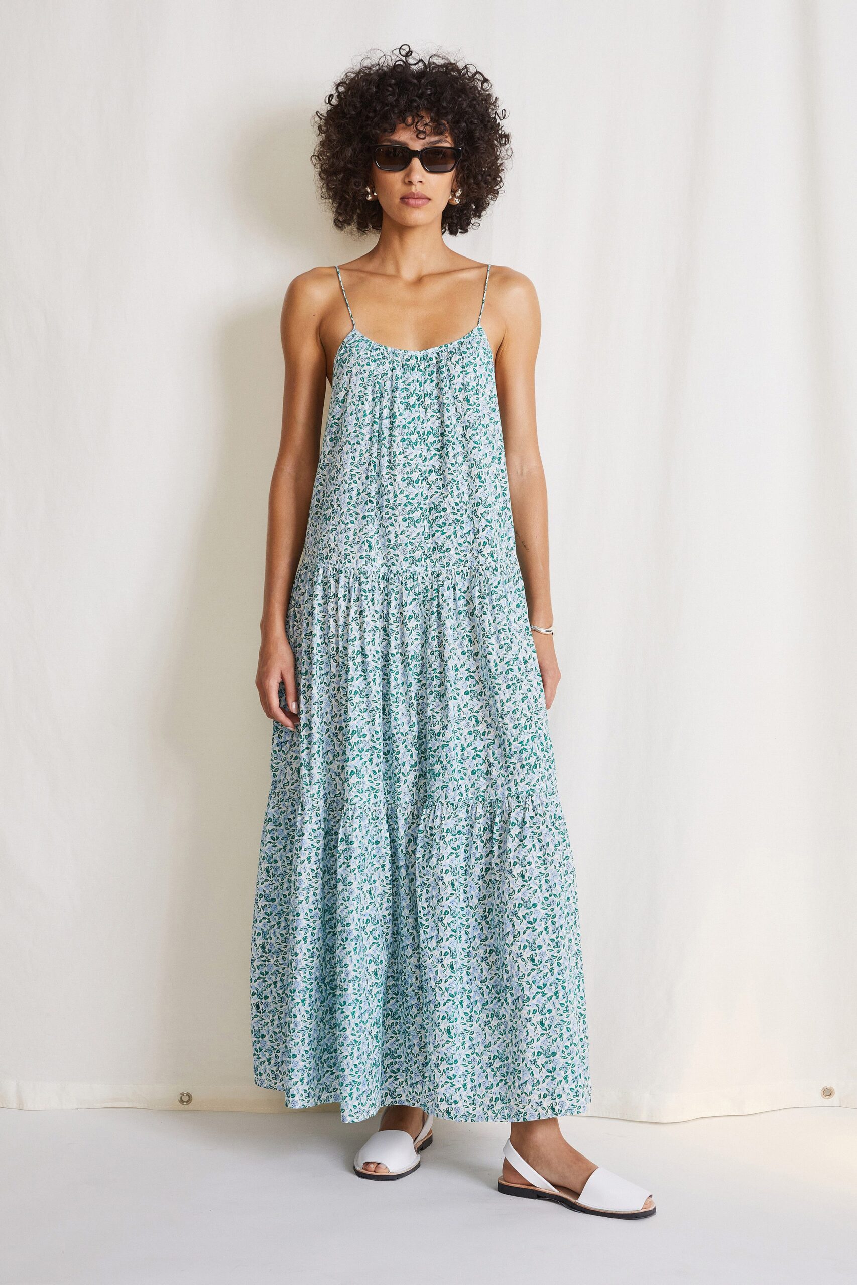 blue and green tiered maxi dress