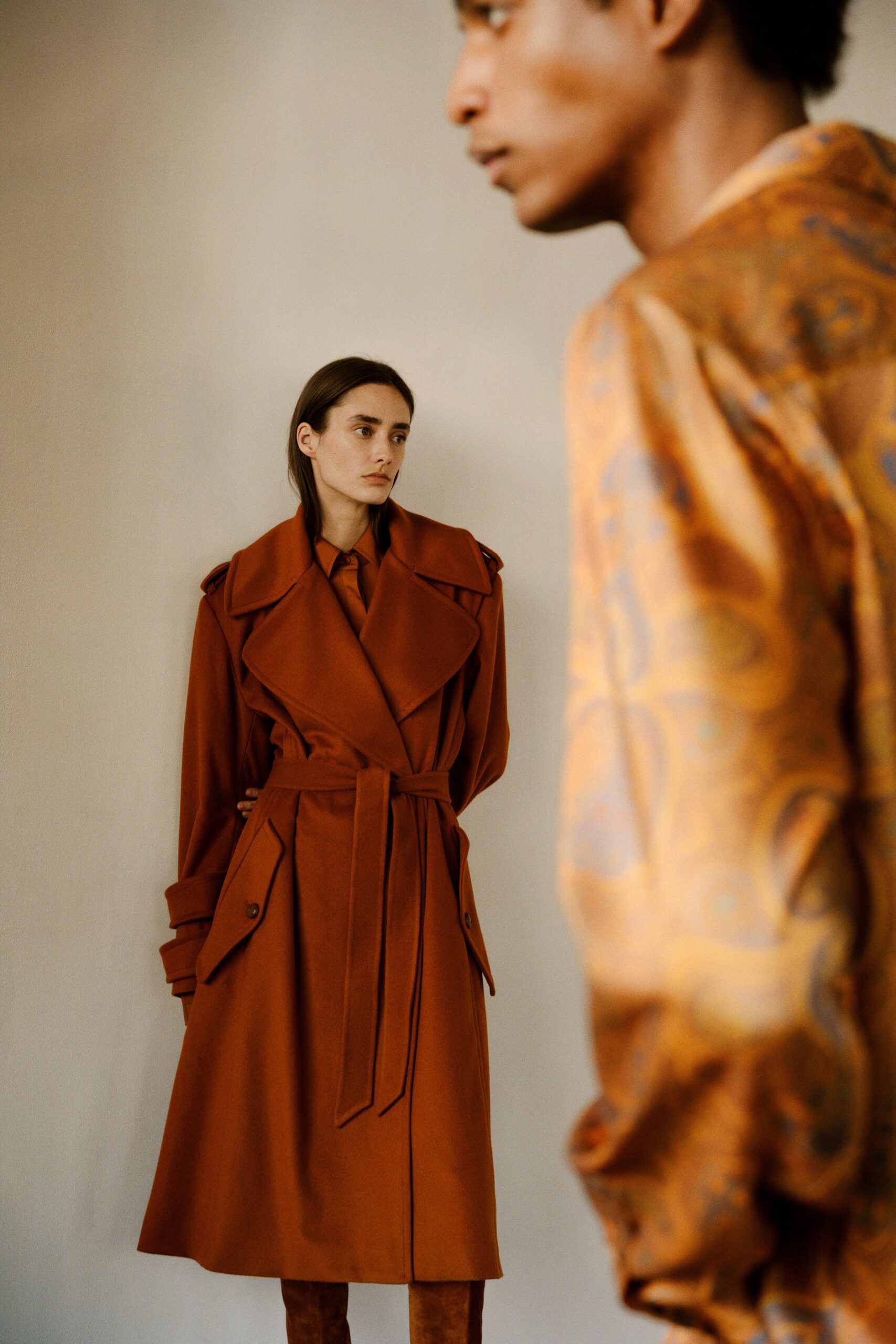 fitted orange cotton trench coat