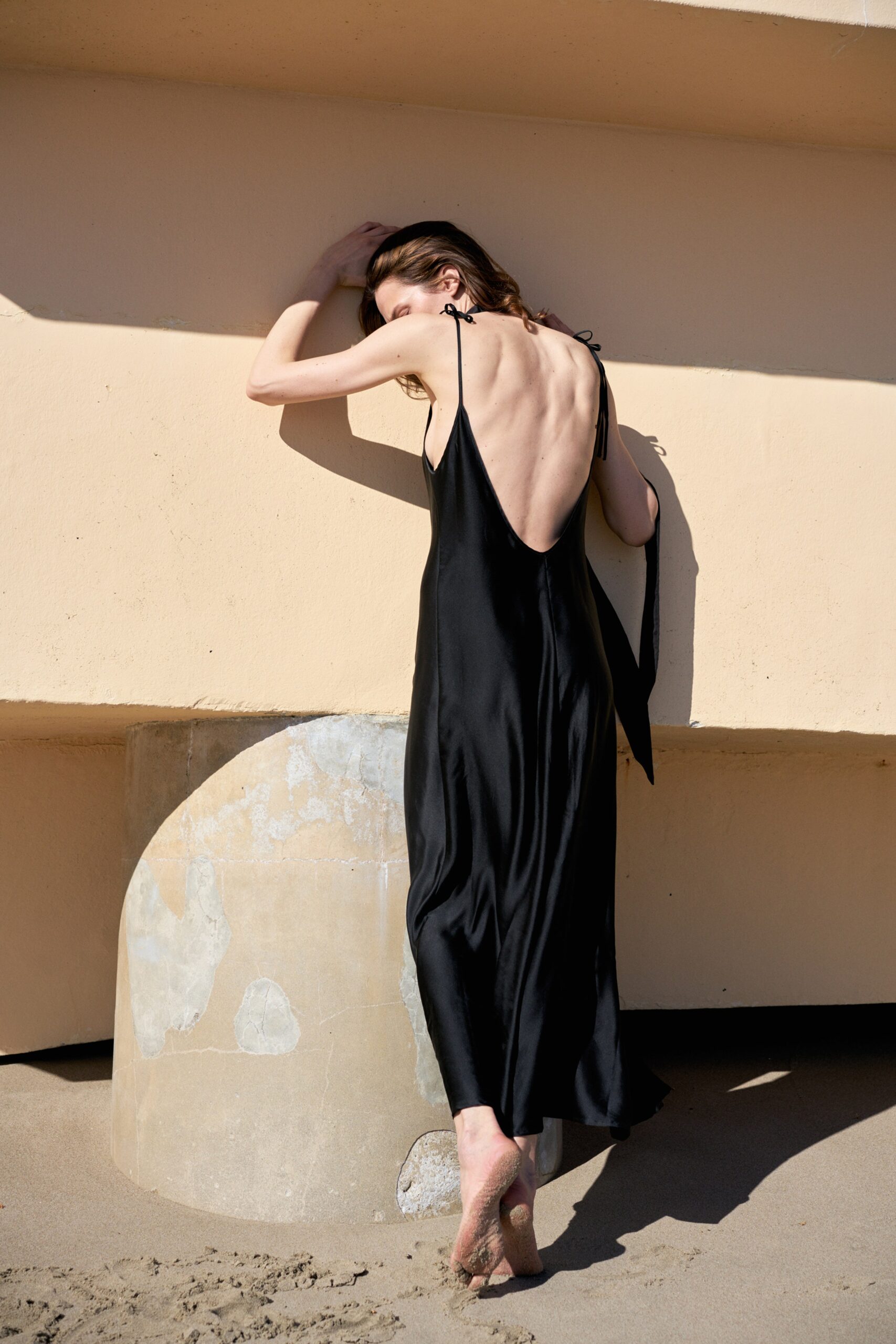 black silk backless midi dress