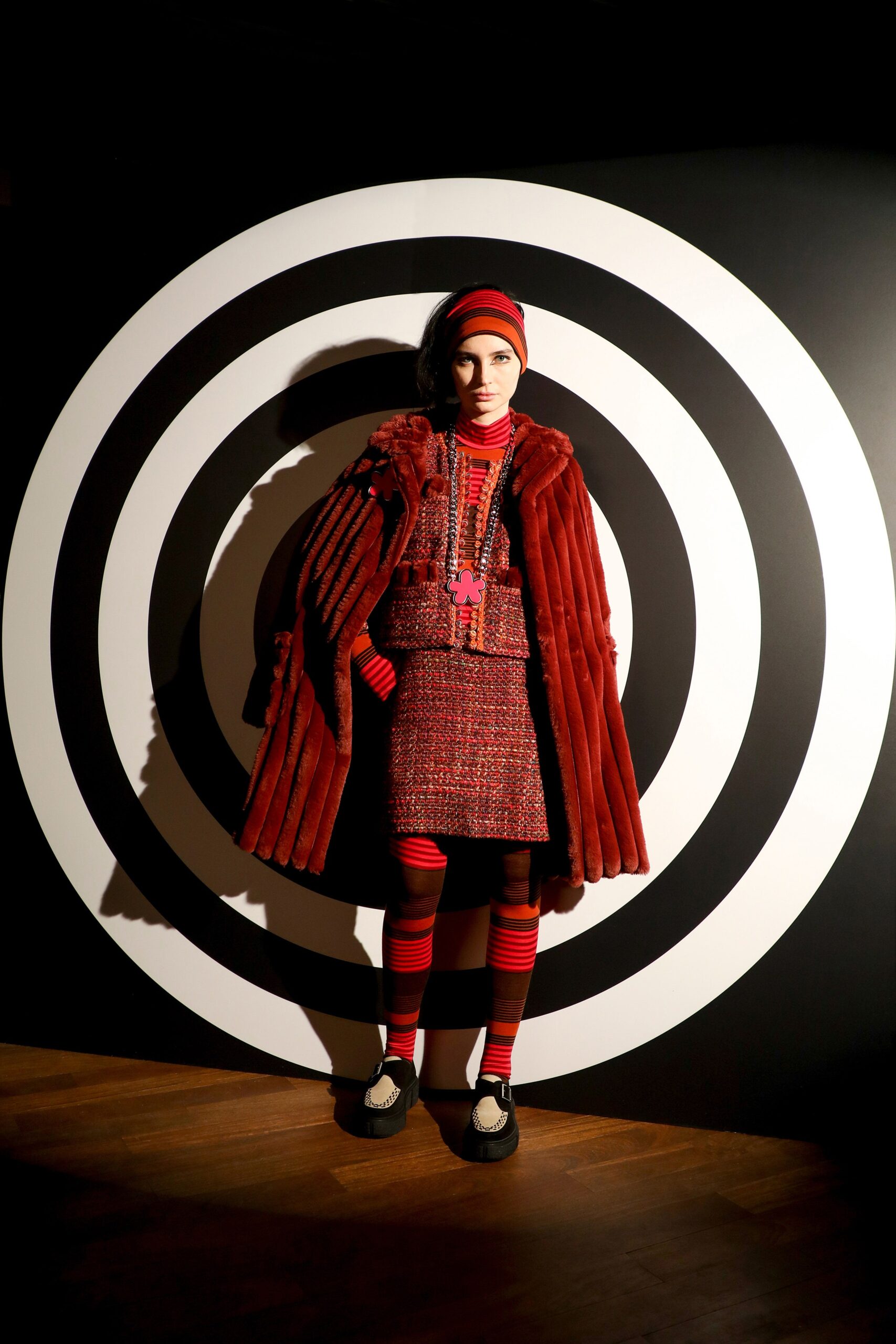 oversized red faux-fur coat