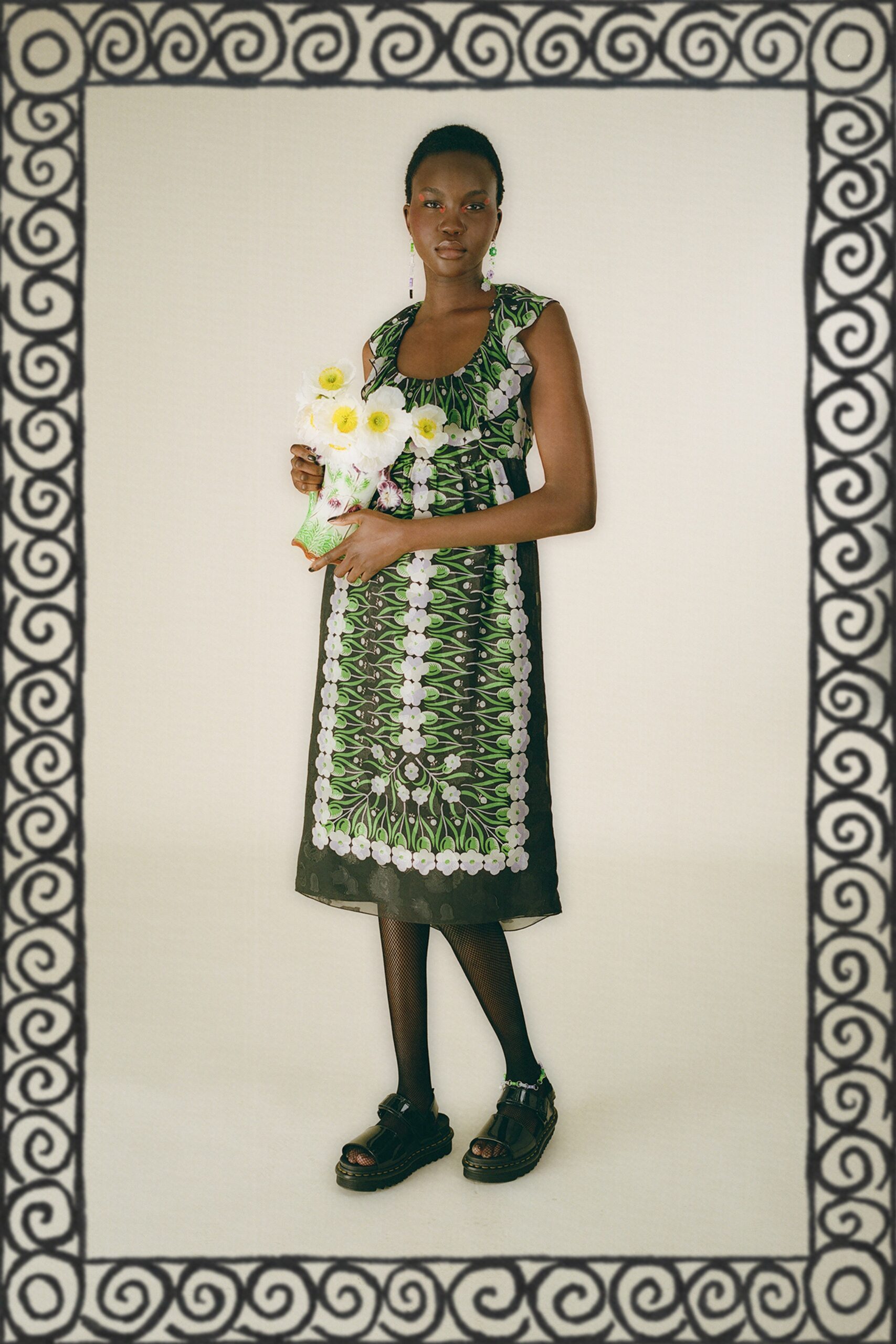 black and green printed midi dress