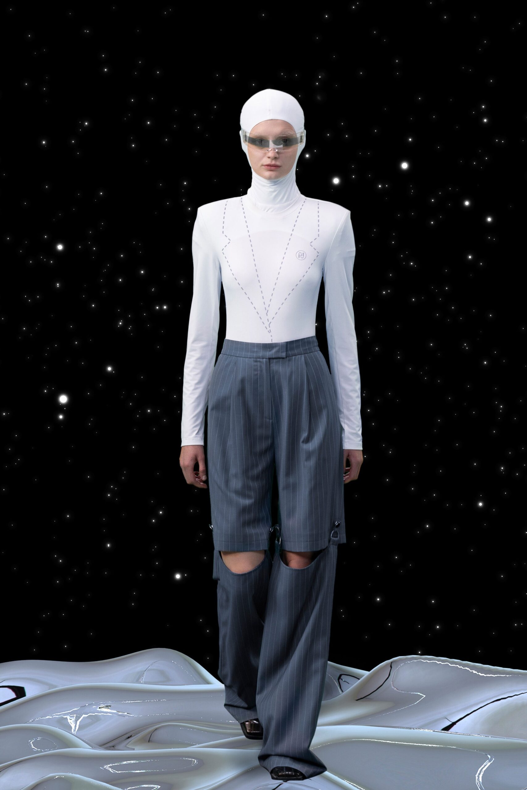 white fitted top with gray pants