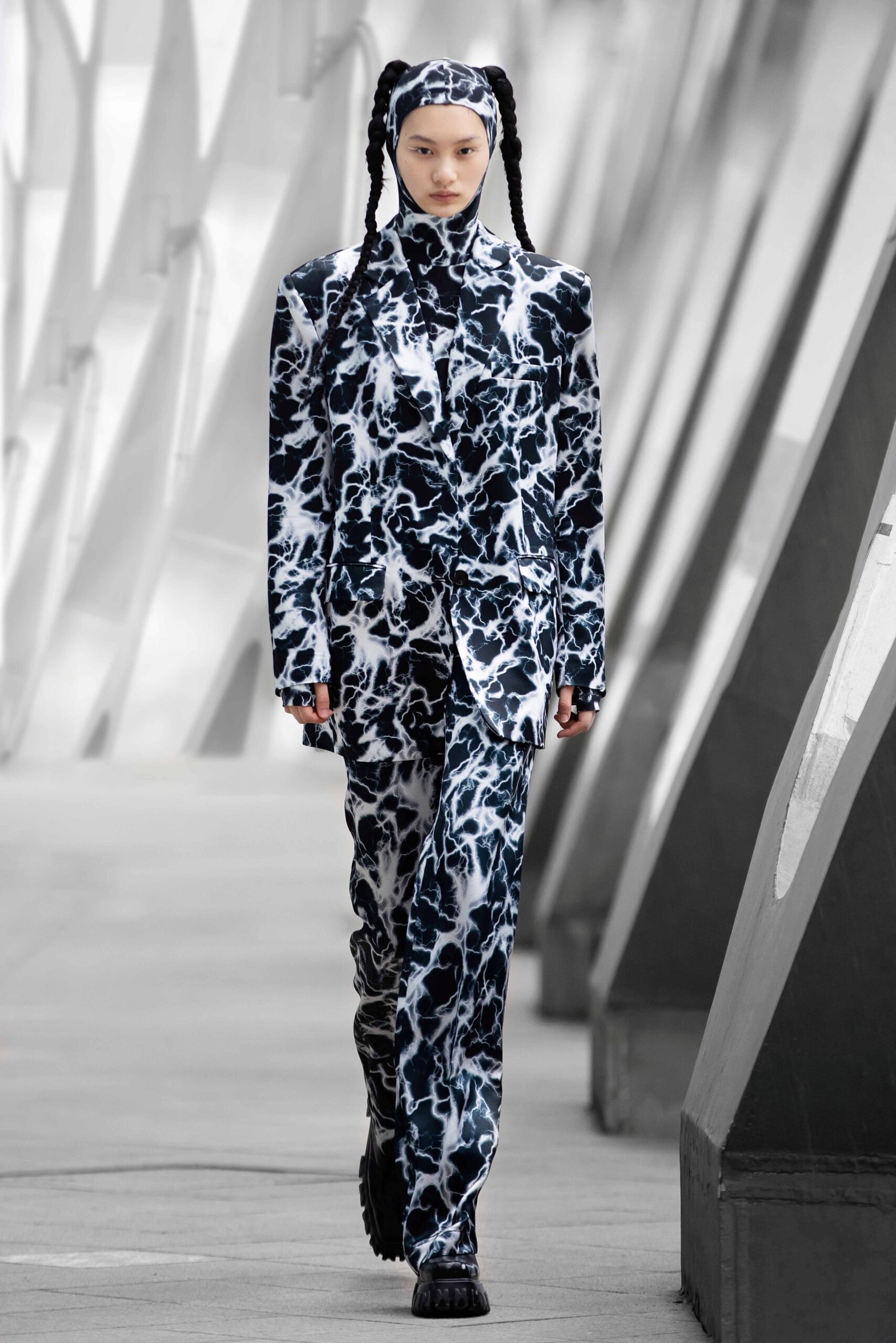 black and white printed suit