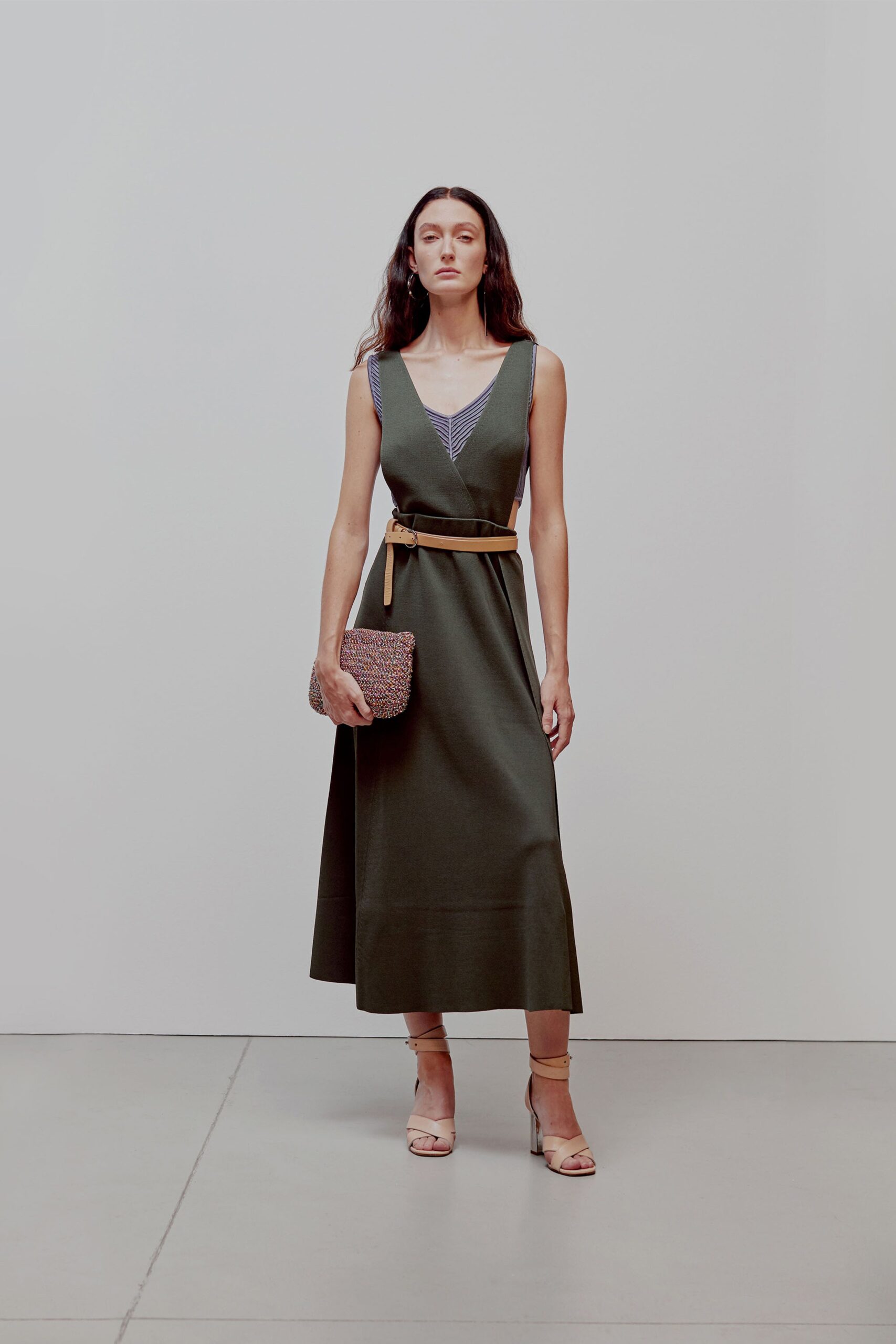 green belted midi dress