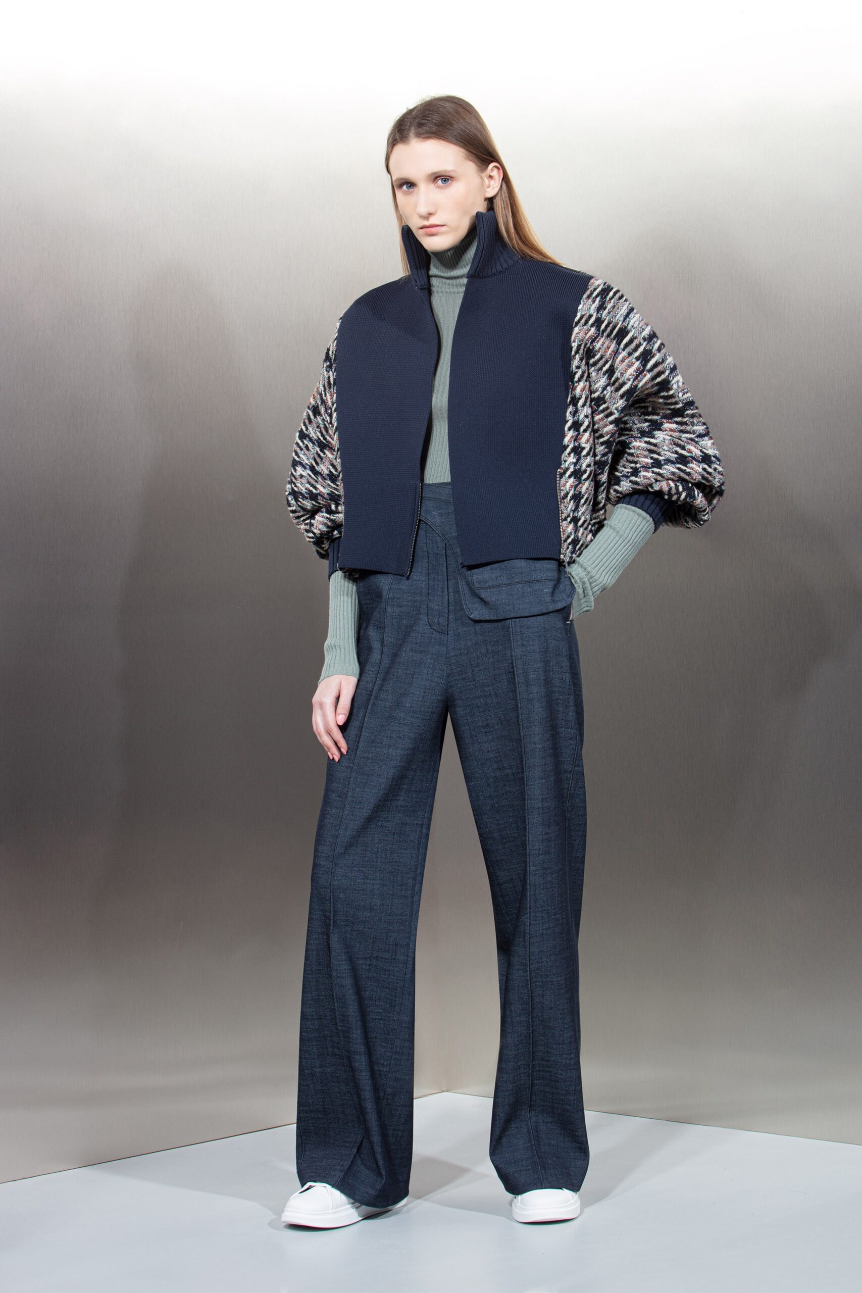 blue wool long-sleeve collared relaxed layered jacket