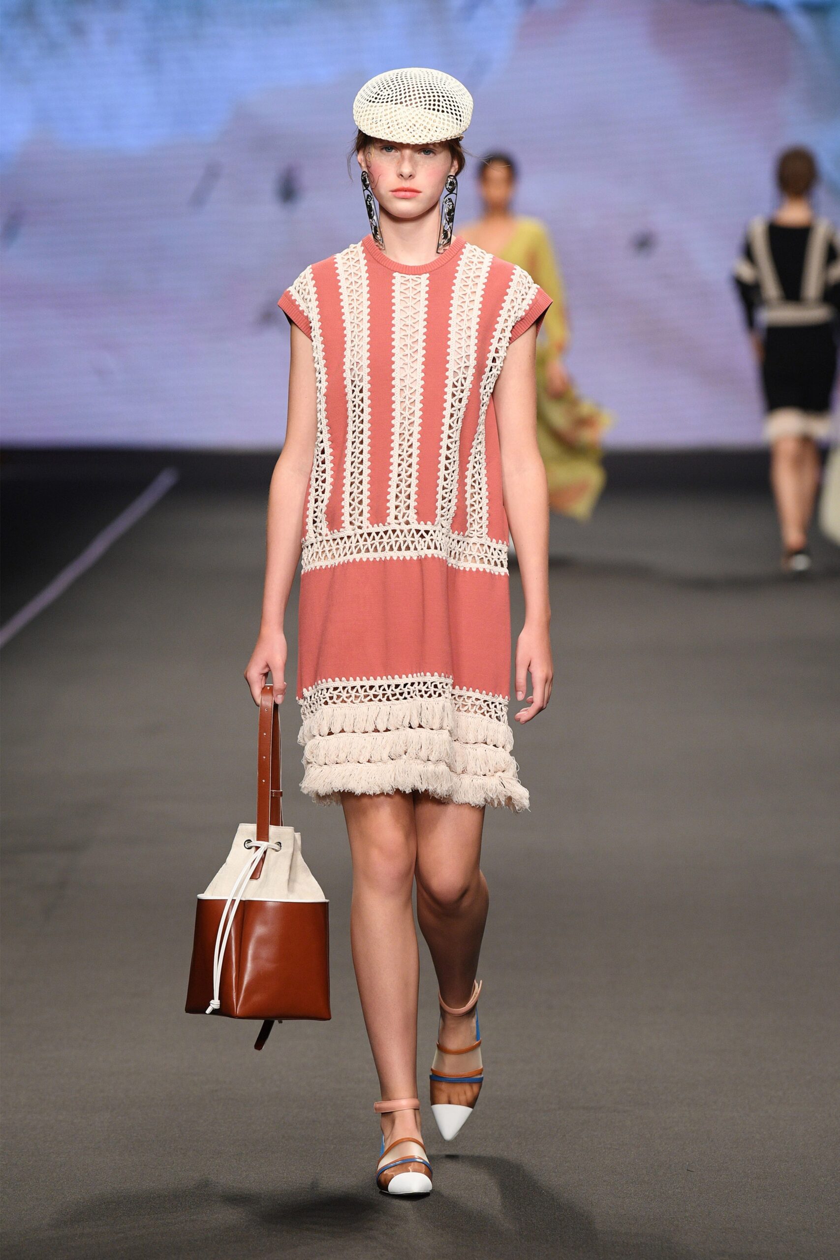 pink cotton sleeveless collared relaxed embroidered tiered dress