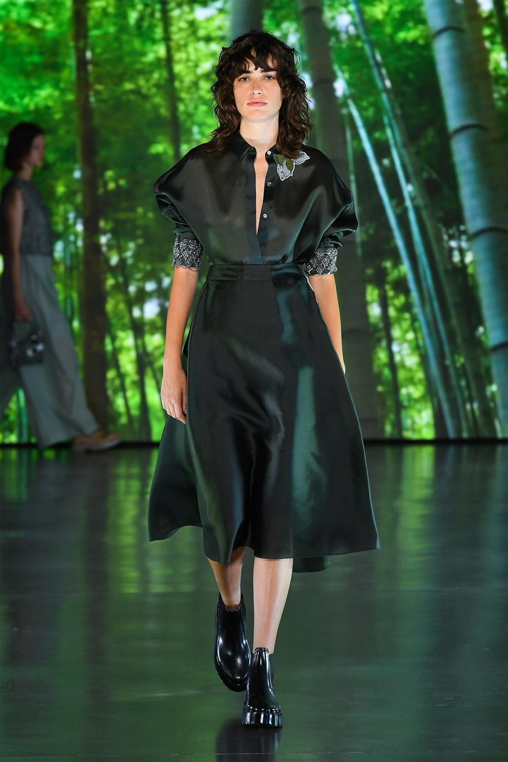 black silk short-sleeve collared fitted a-line midi dress