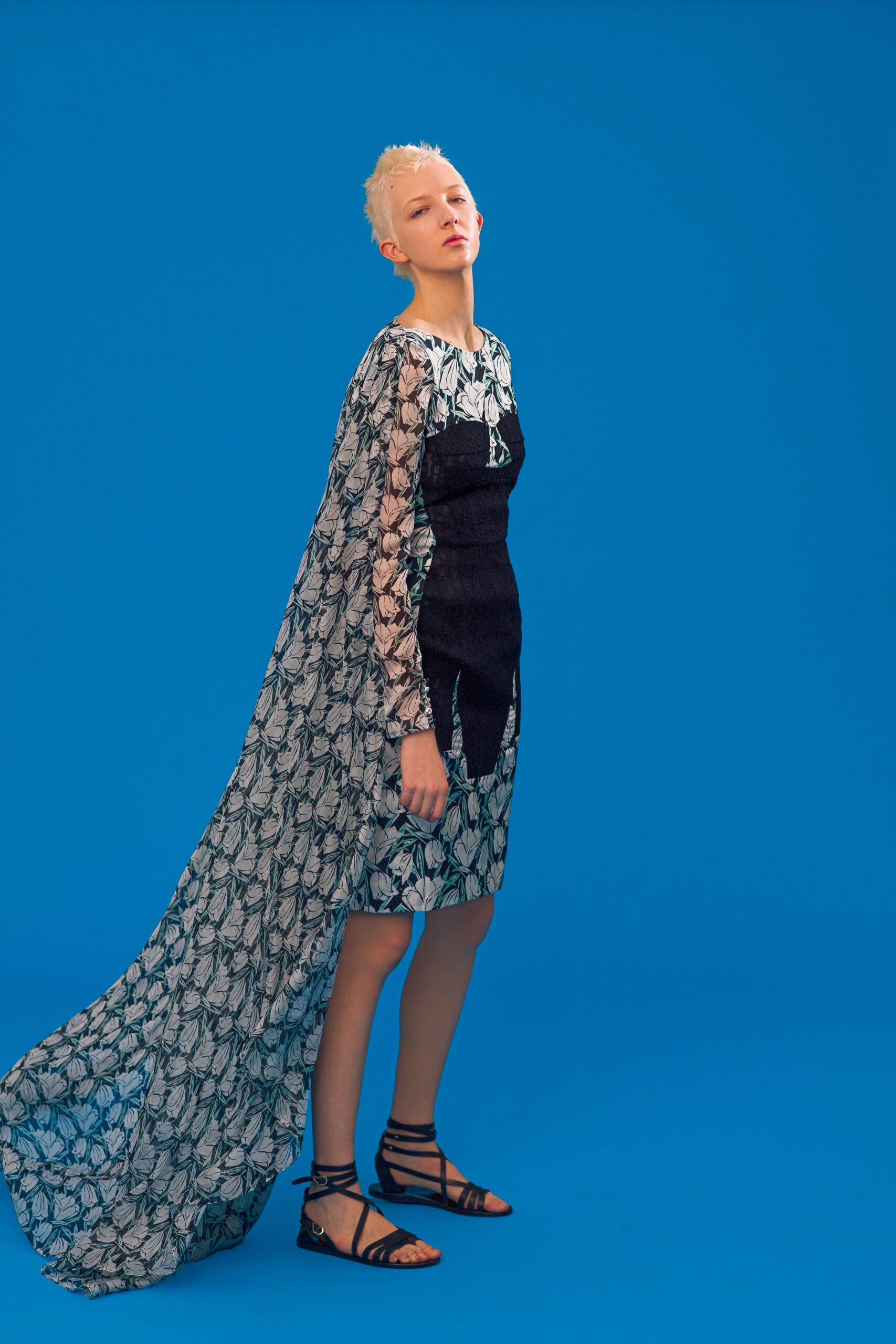 black silk long-sleeve scoop-neck fitted layered flared dress