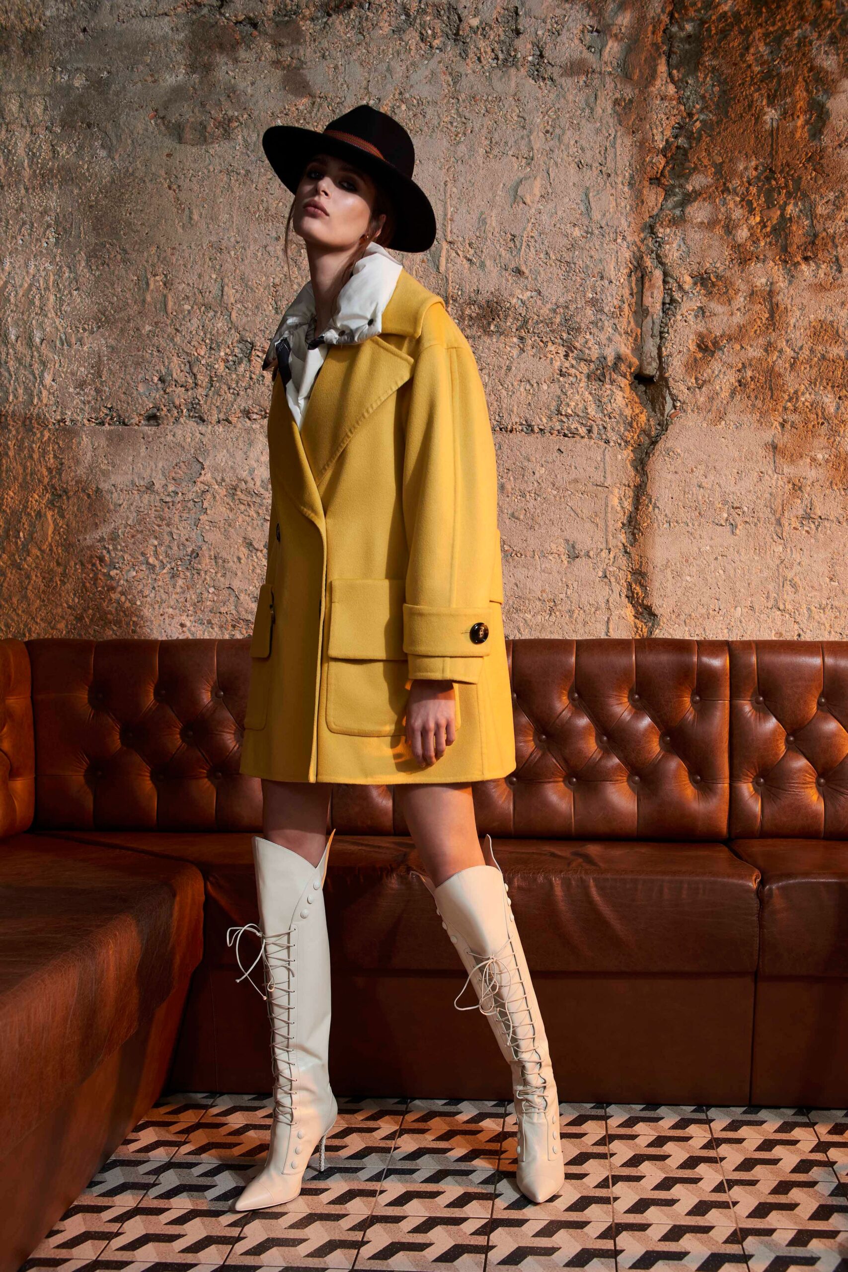 yellow wool long-sleeve collared relaxed buttoned coat
