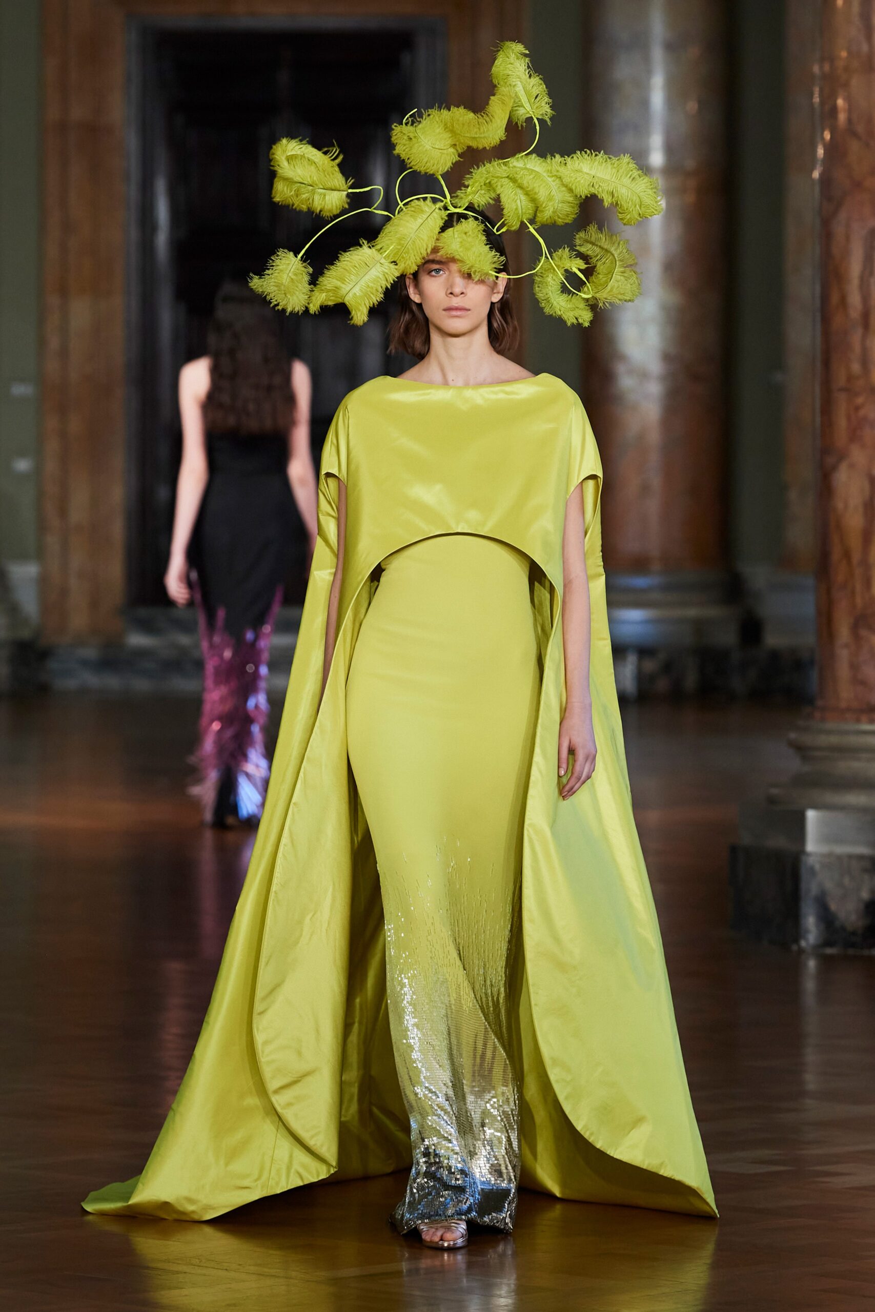 yellow silk long-sleeve oversized layered cape