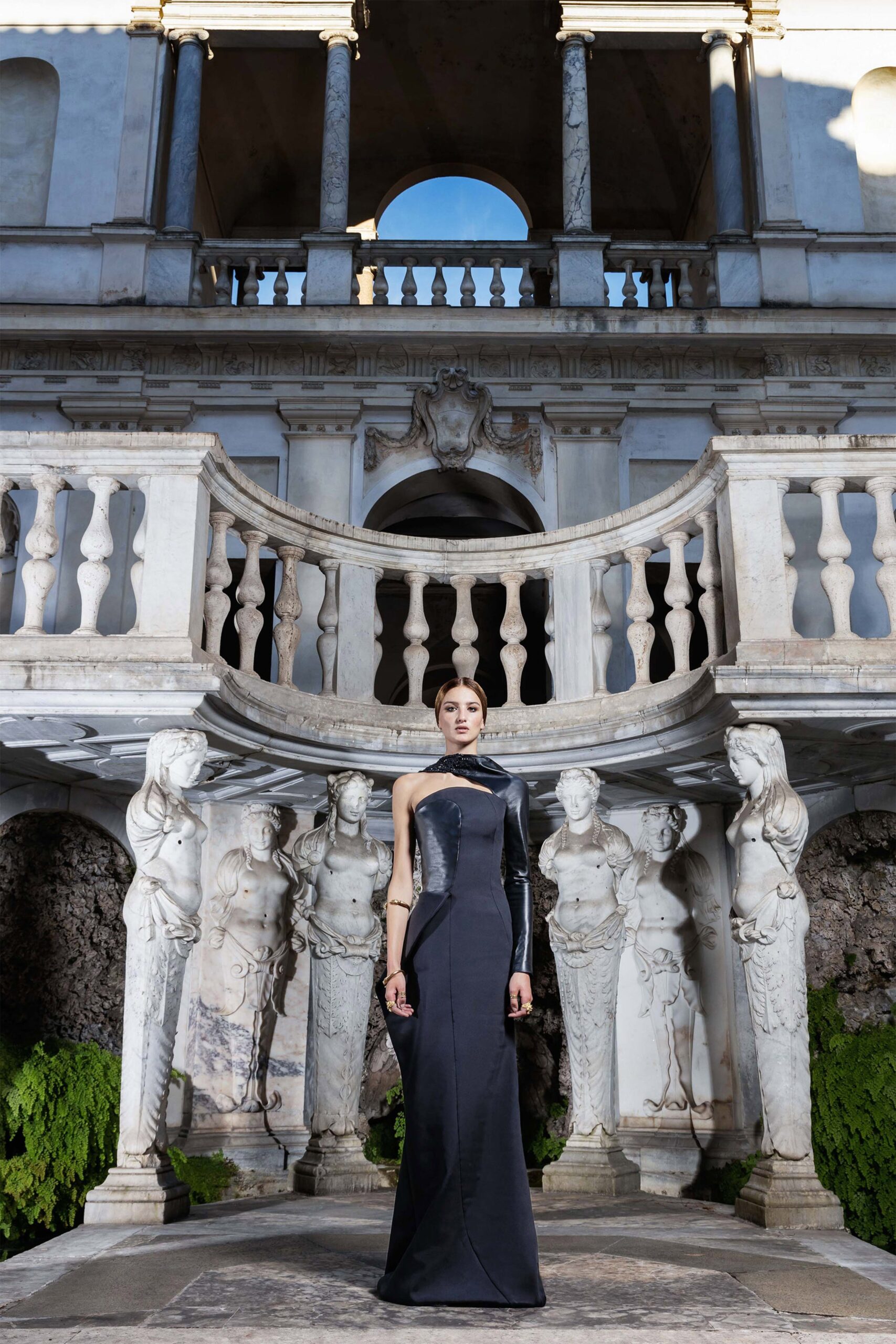 black silk fitted gown