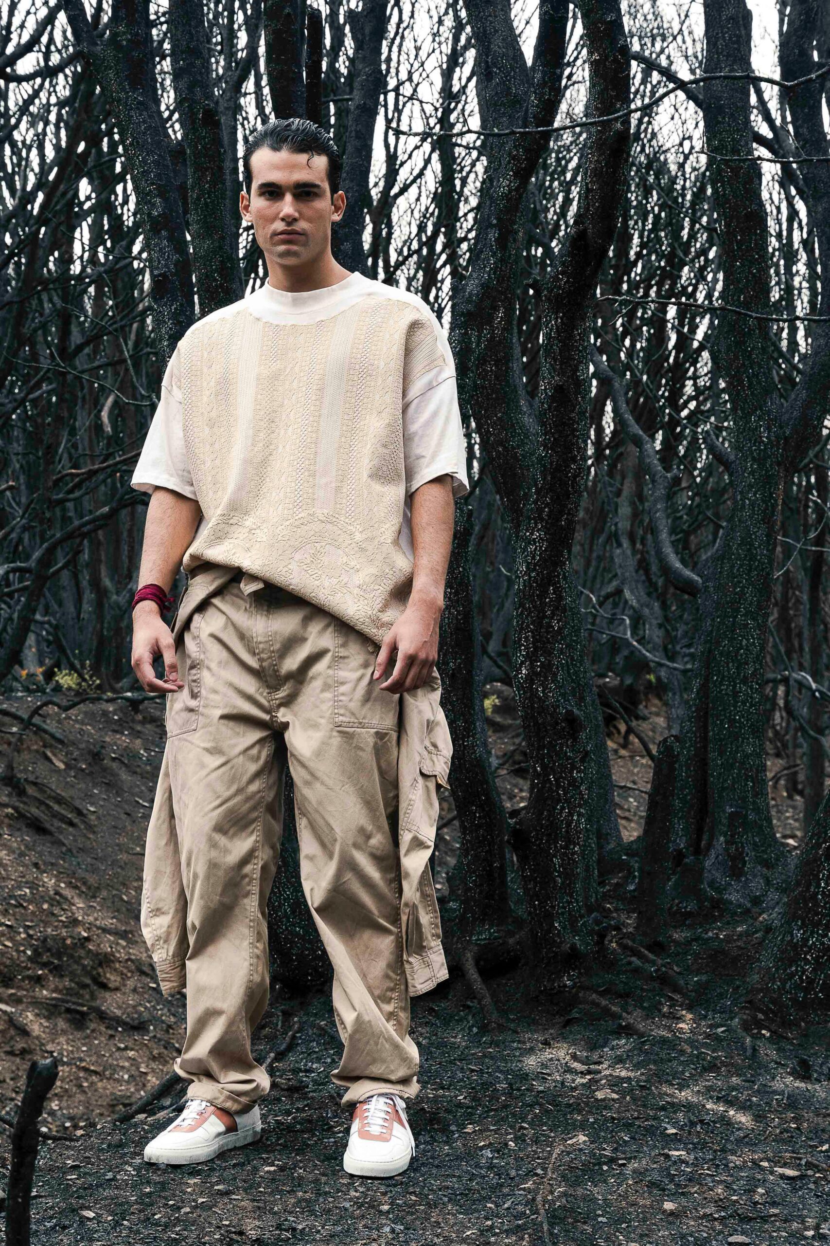 beige relaxed top with cargo pants