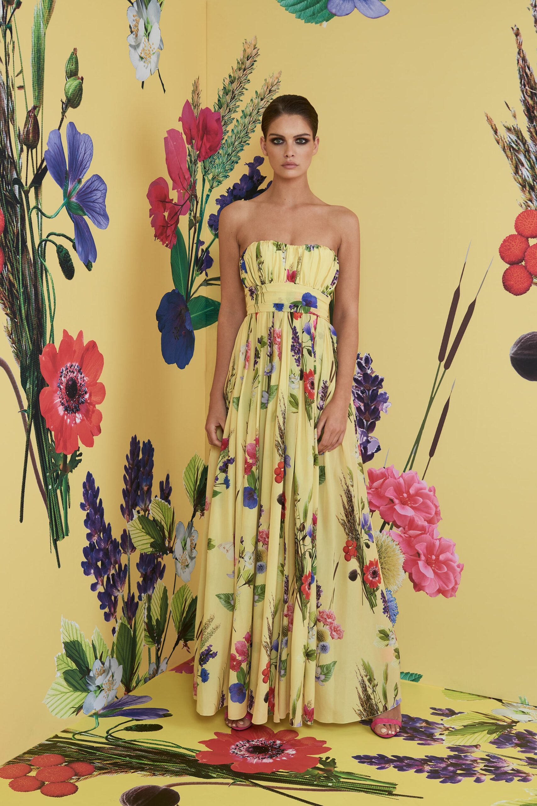 yellow floral strapless gown