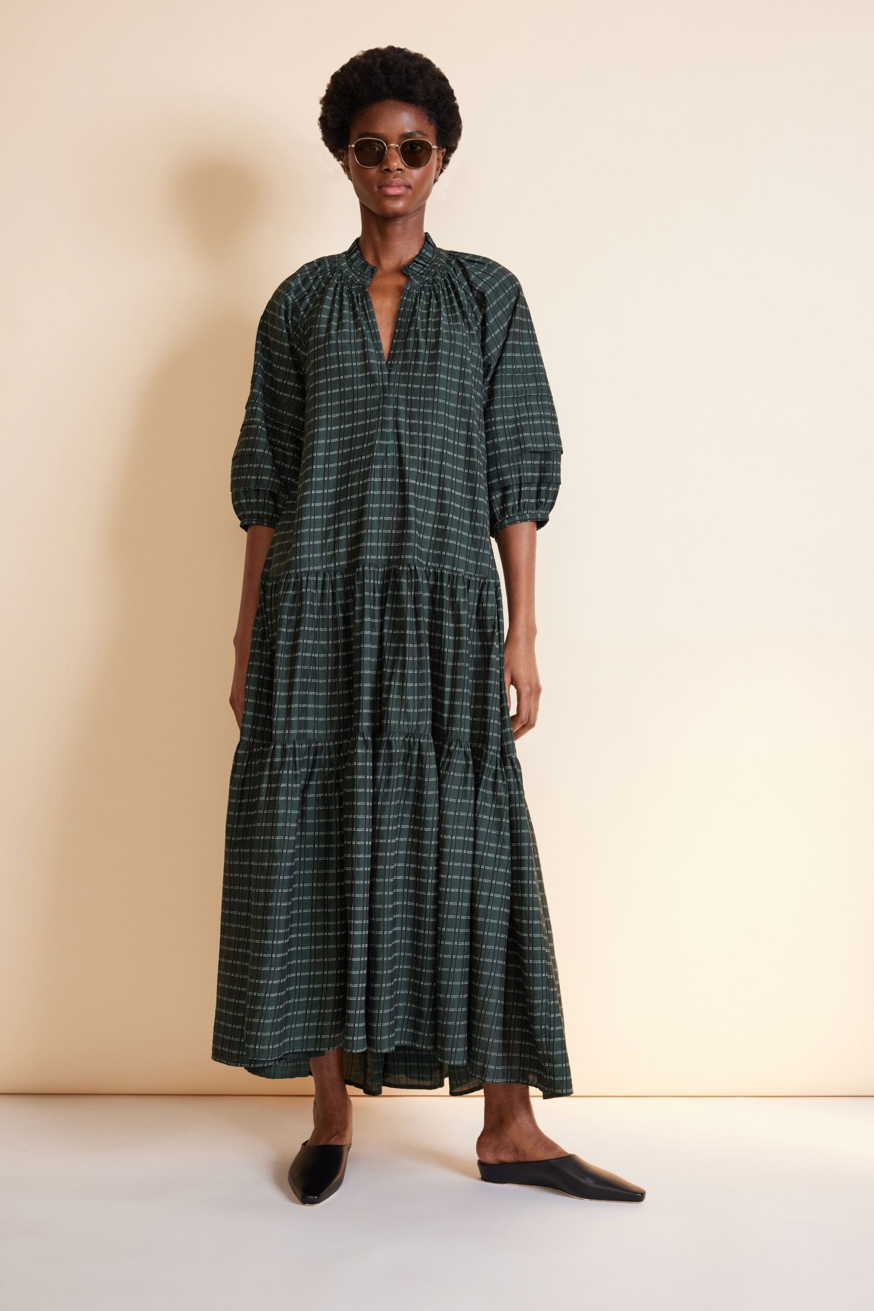 green and black tiered maxi dress