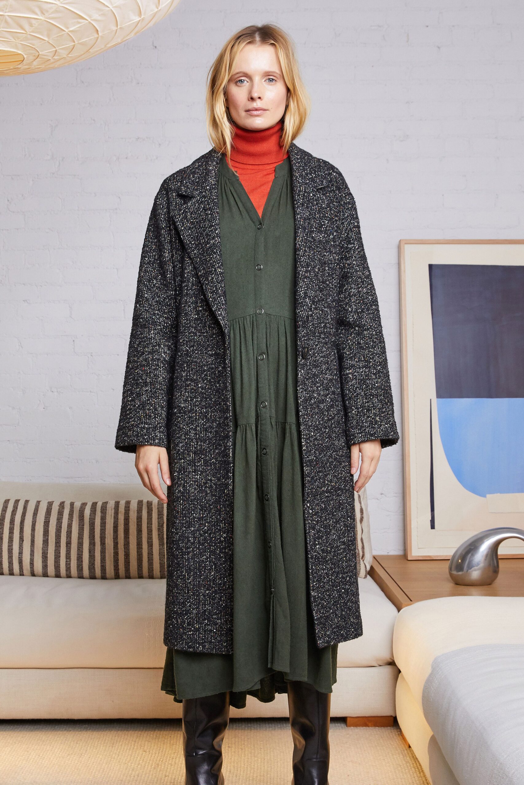 black wool coat green midi dress