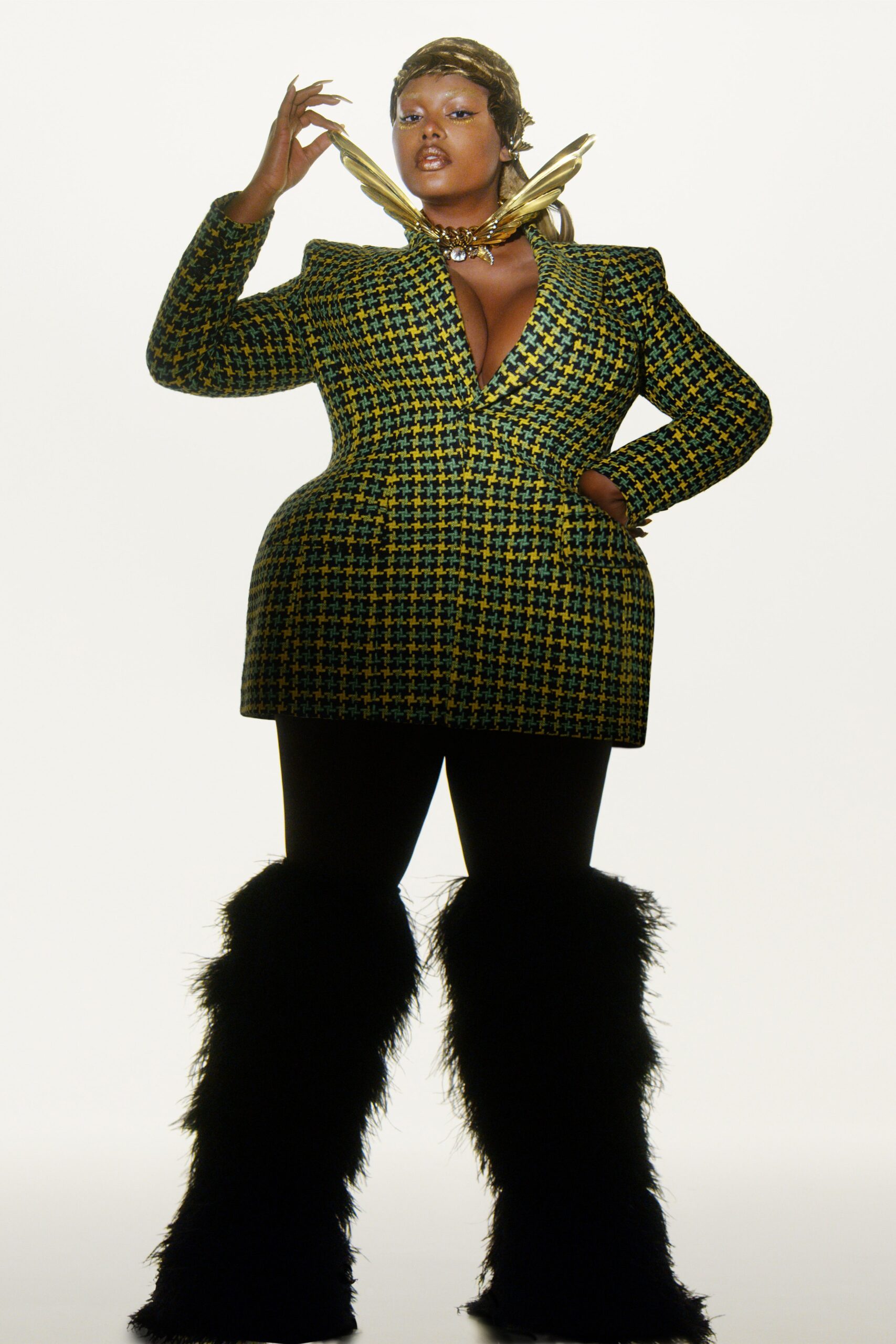 fitted checked blazer with flared pants