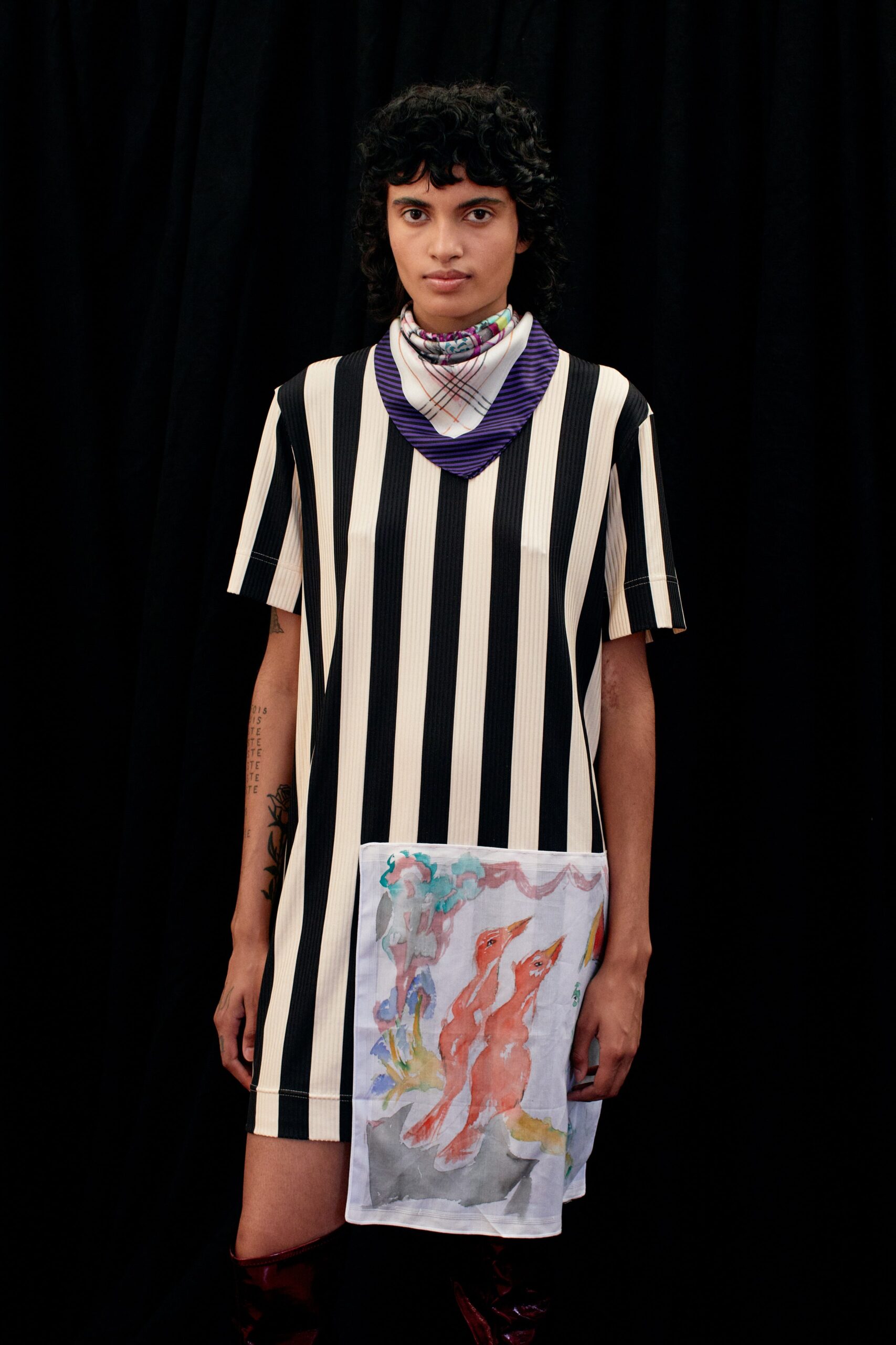 striped short-sleeve dress with scarf