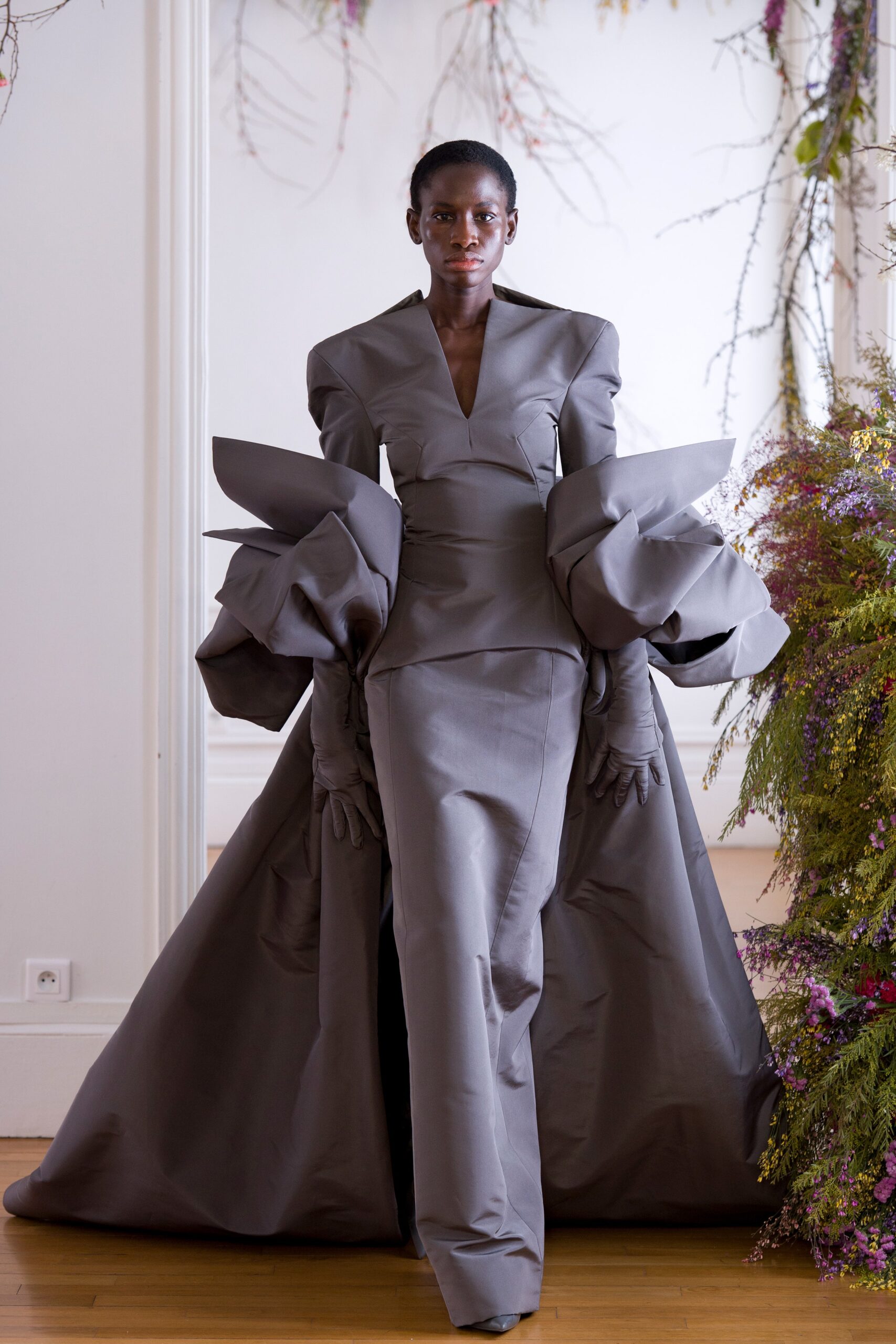 gray silk fitted gown