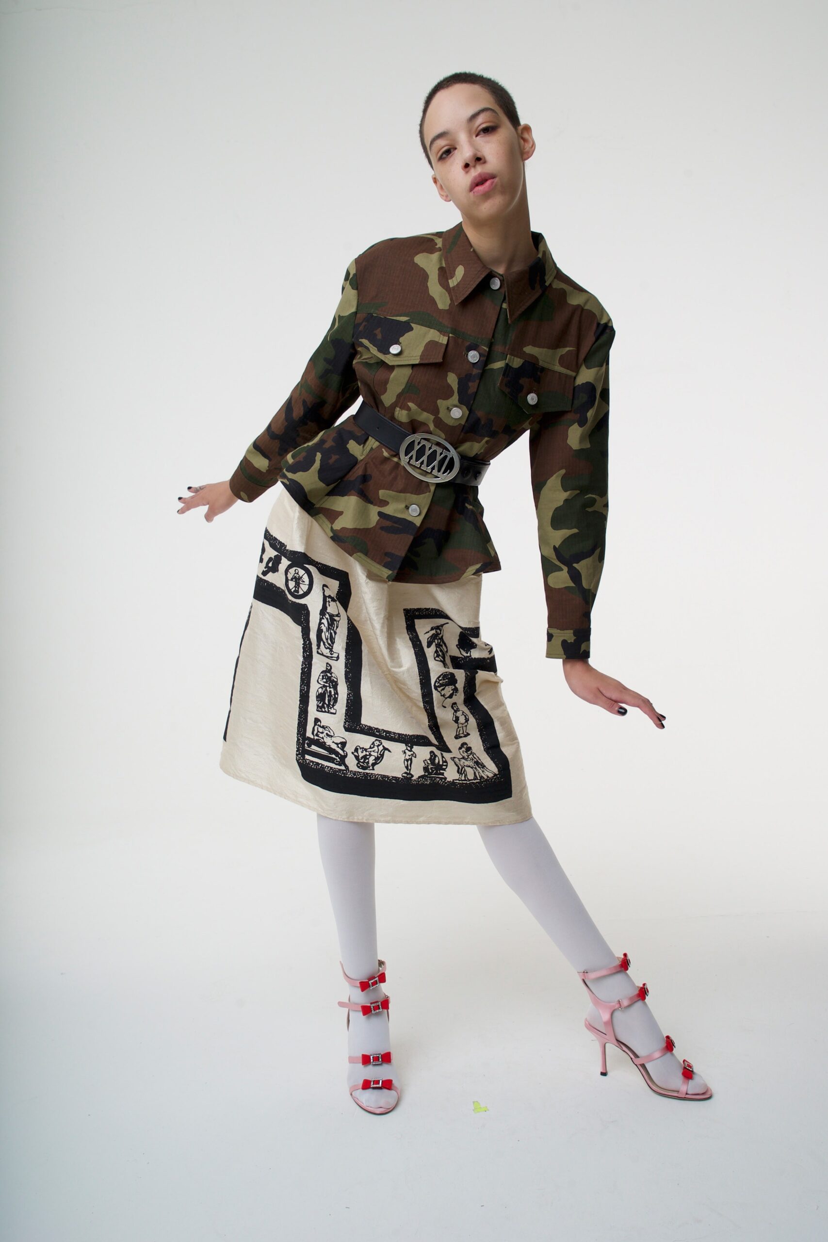 camouflage jacket and midi skirt