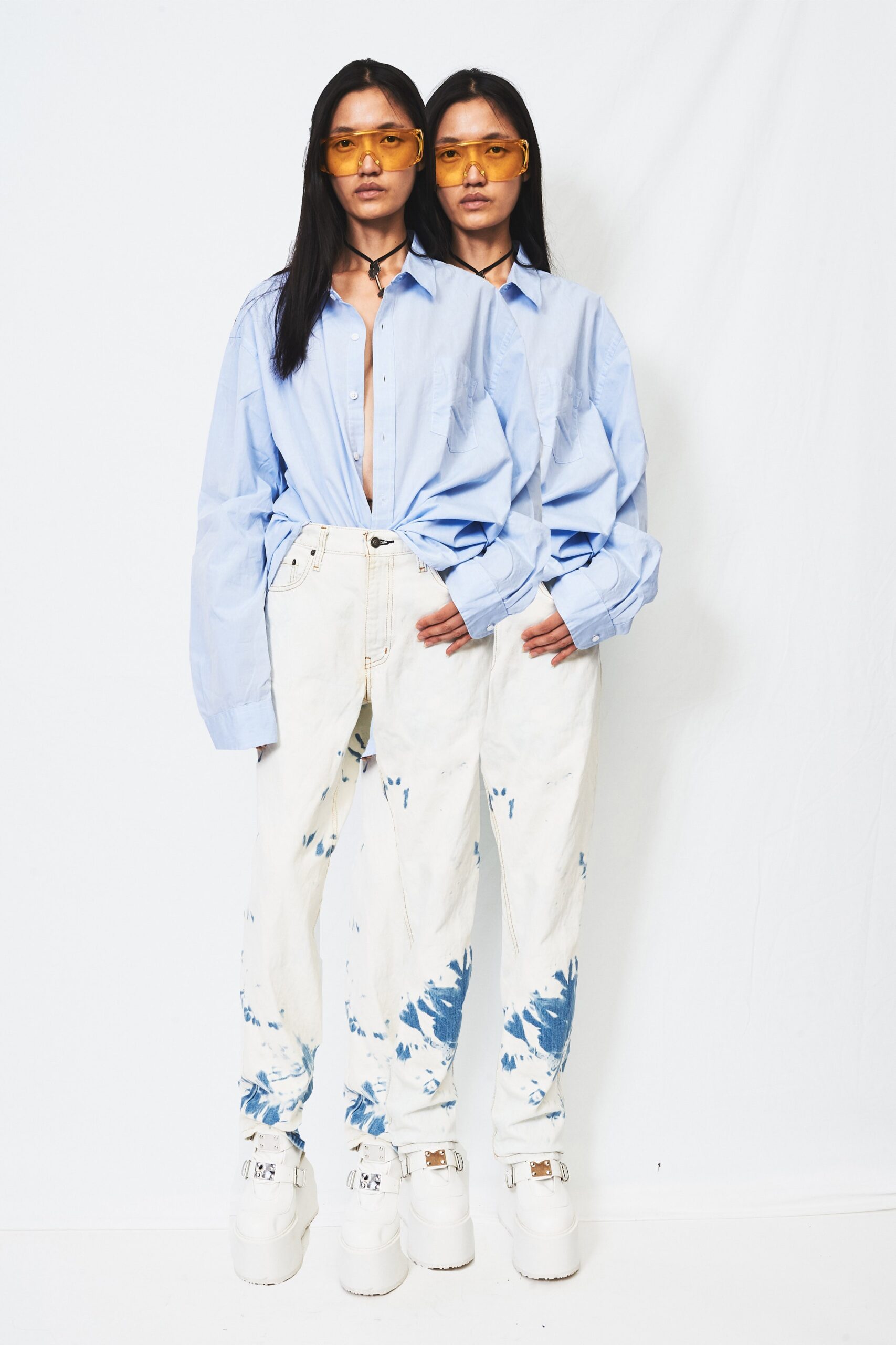 blue relaxed shirt with distressed pants