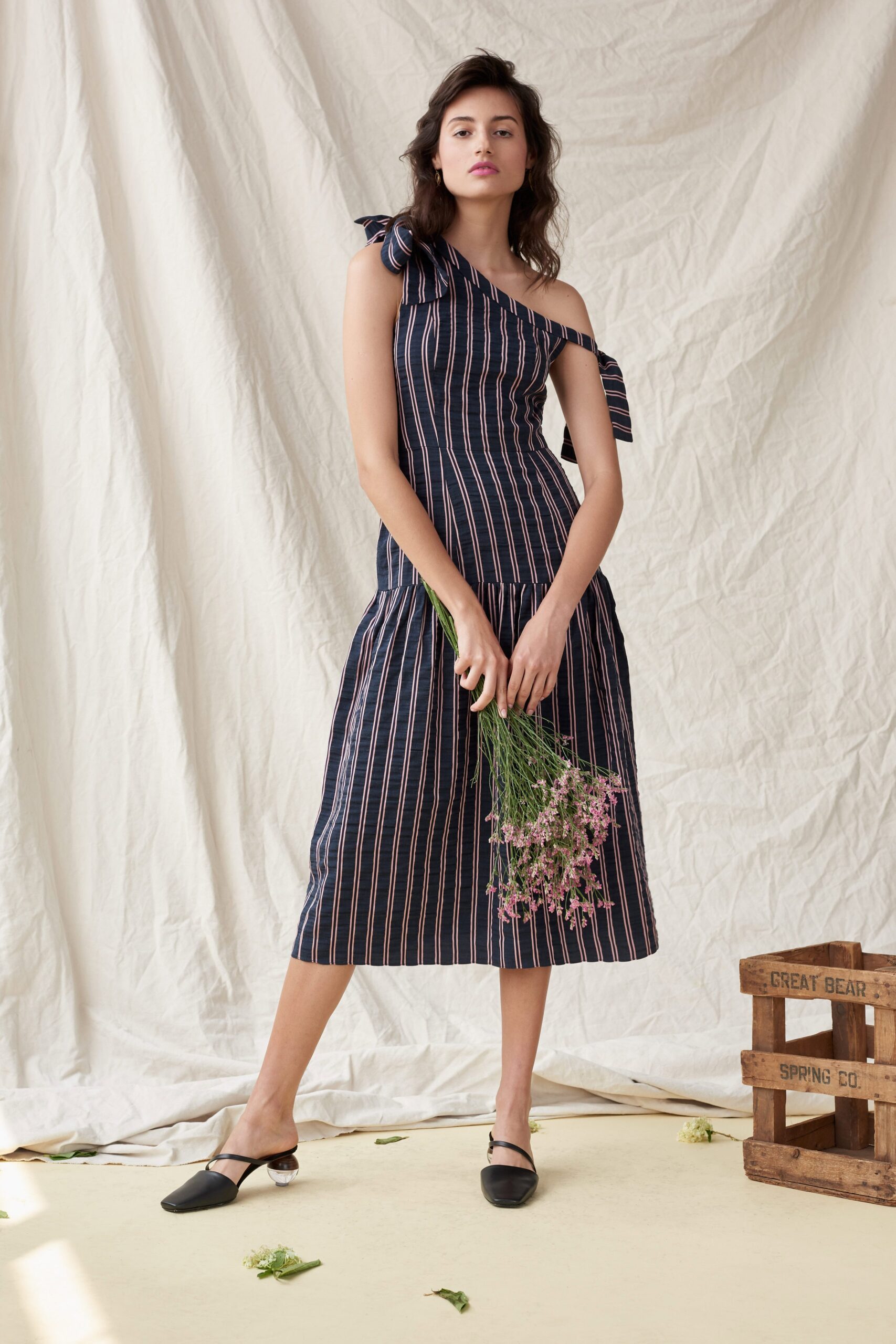 blue and white striped midi dress