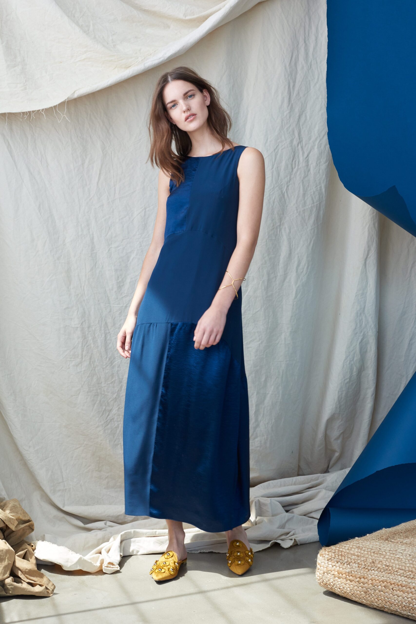 blue silk sleeveless maxi dress