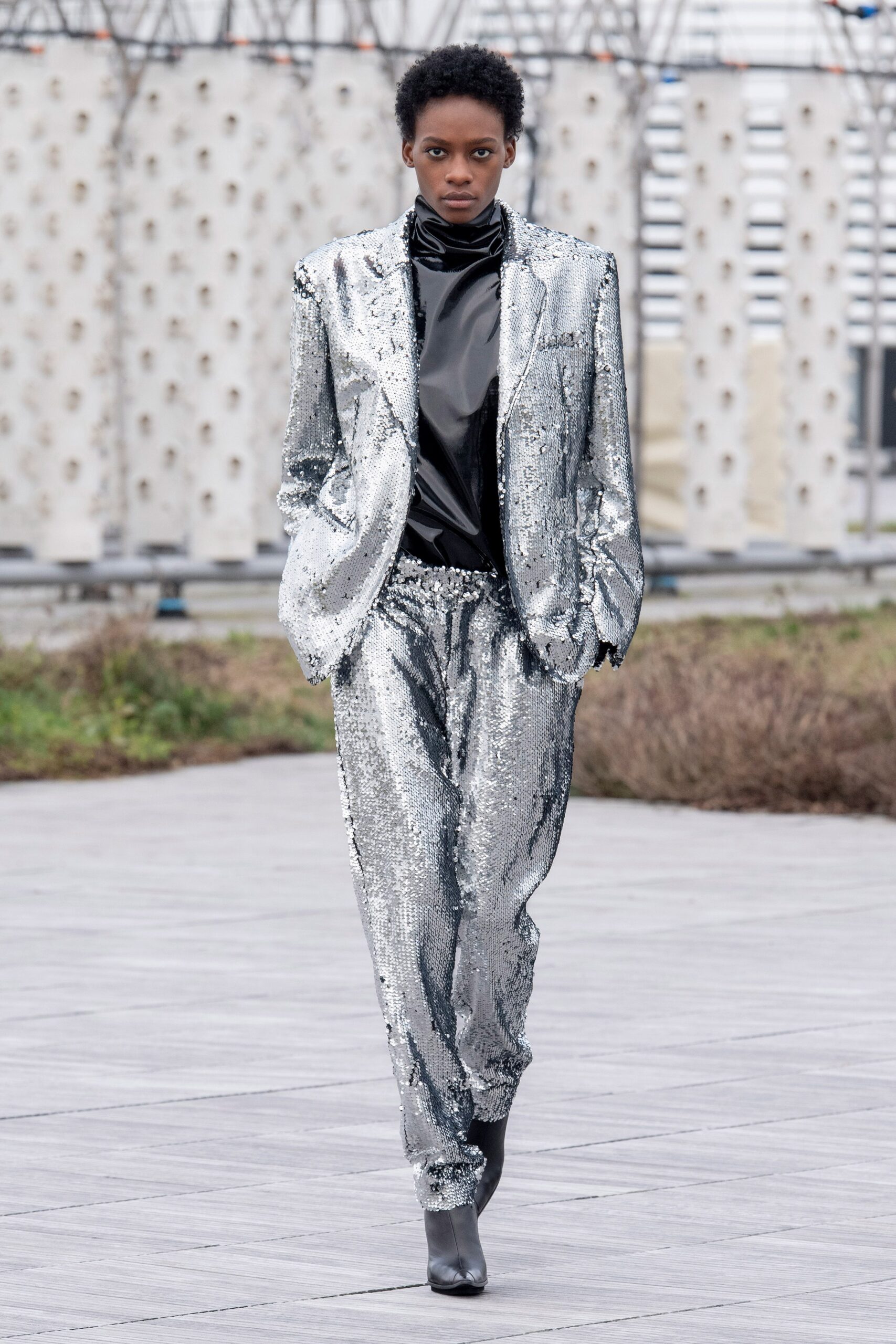 shiny silver sequin suit