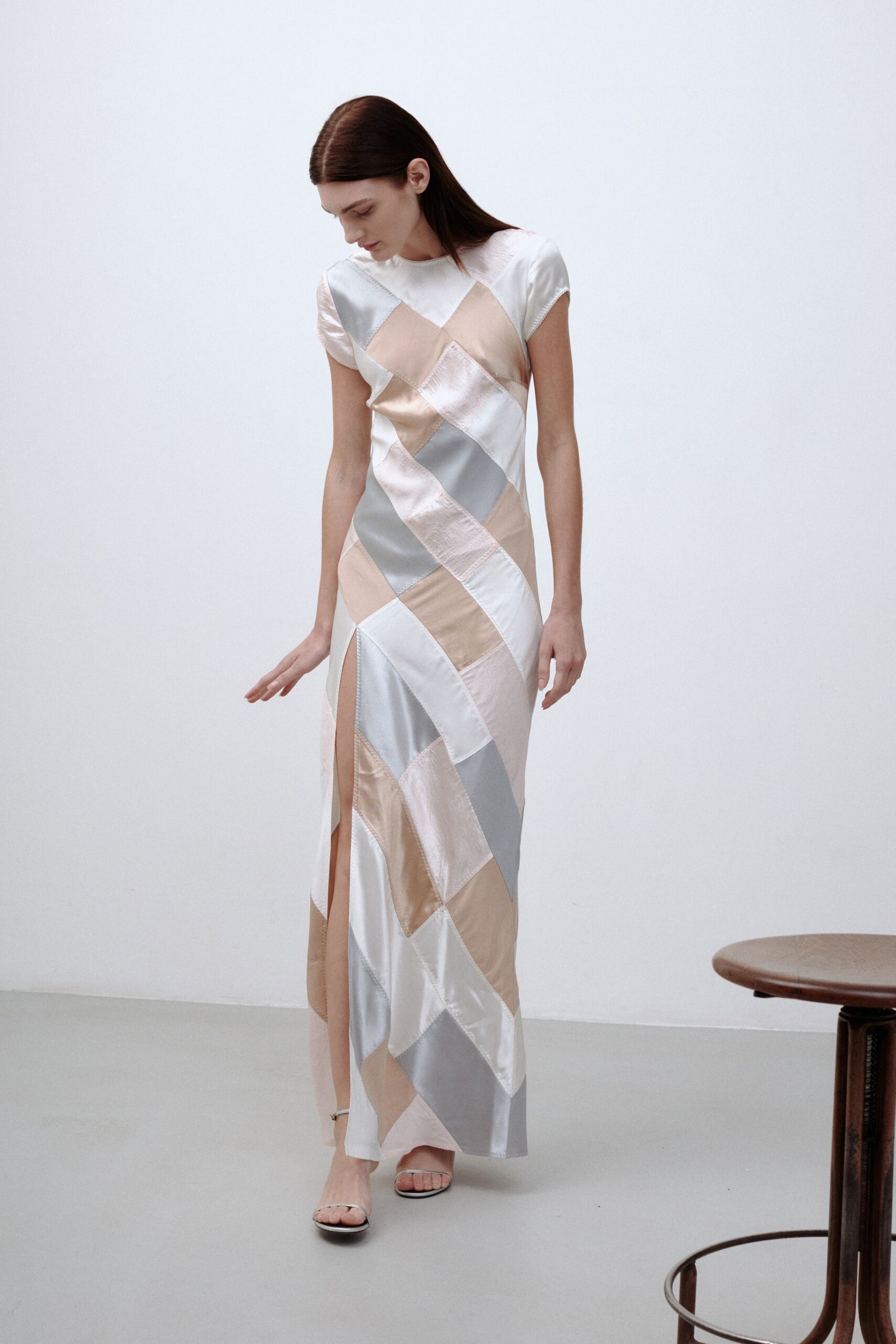 silver and beige color-blocked gown