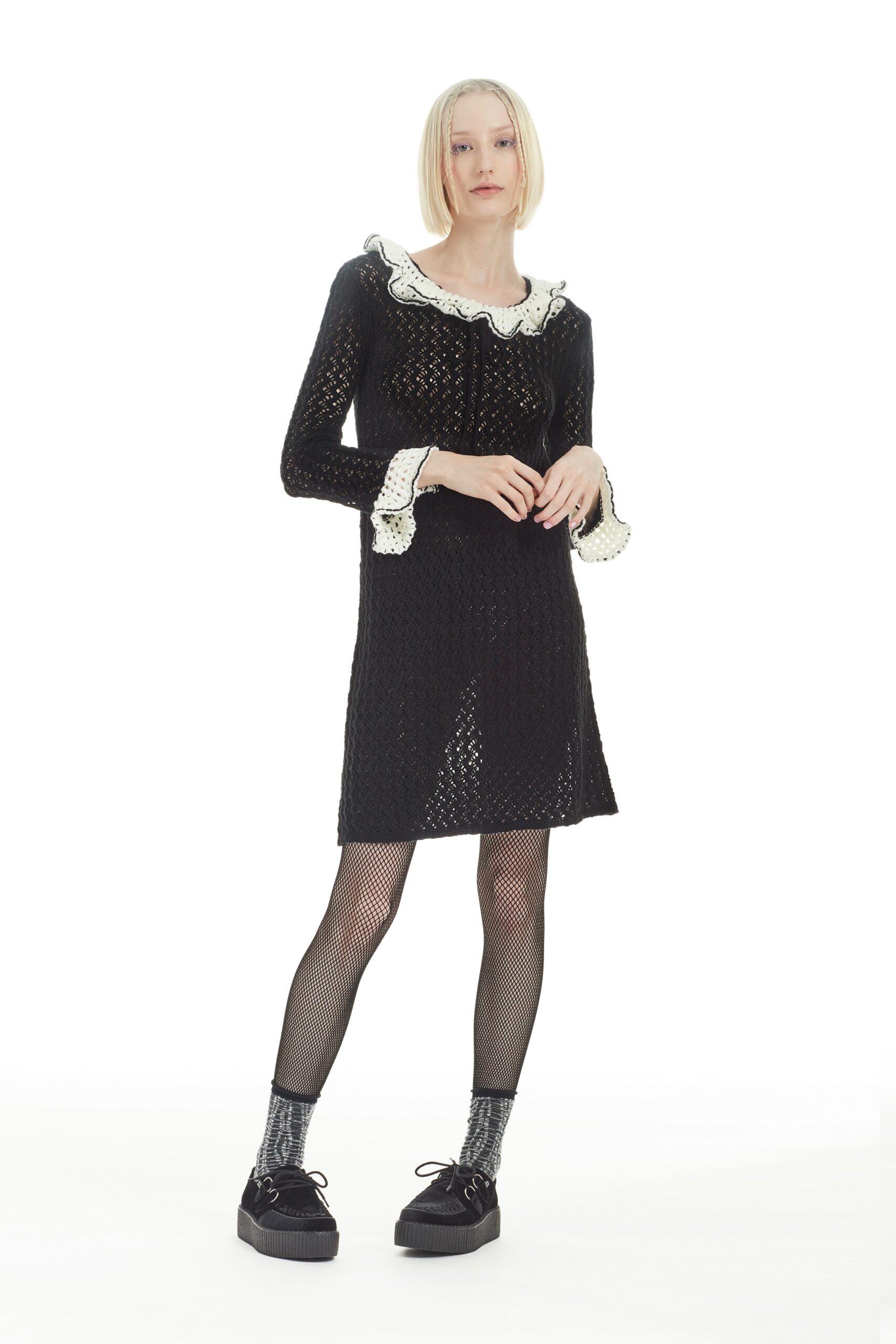 black fitted dress with ruffles