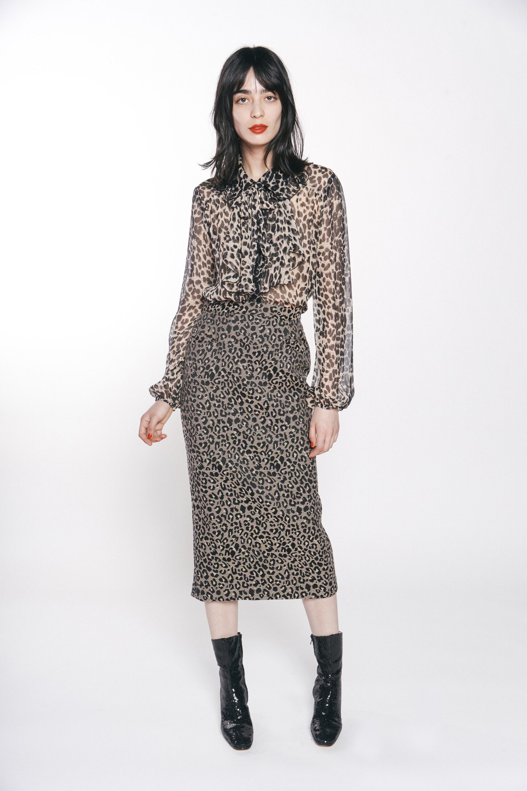 black silk long-sleeve collared fitted printed sheer blouse
