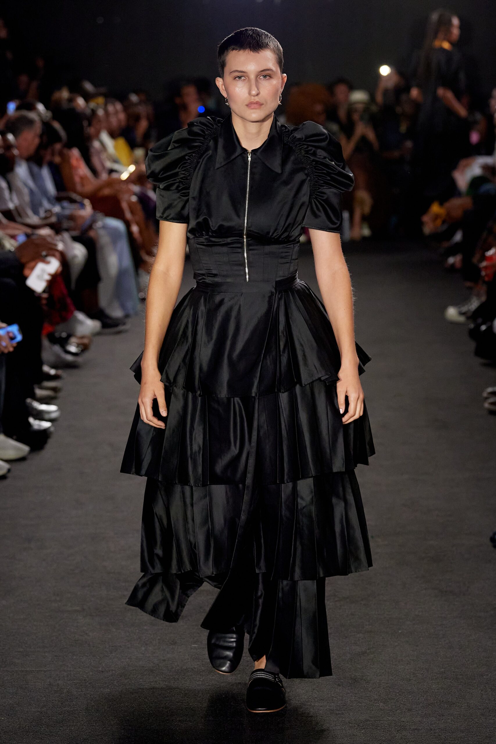 black silk tiered ruffled dress