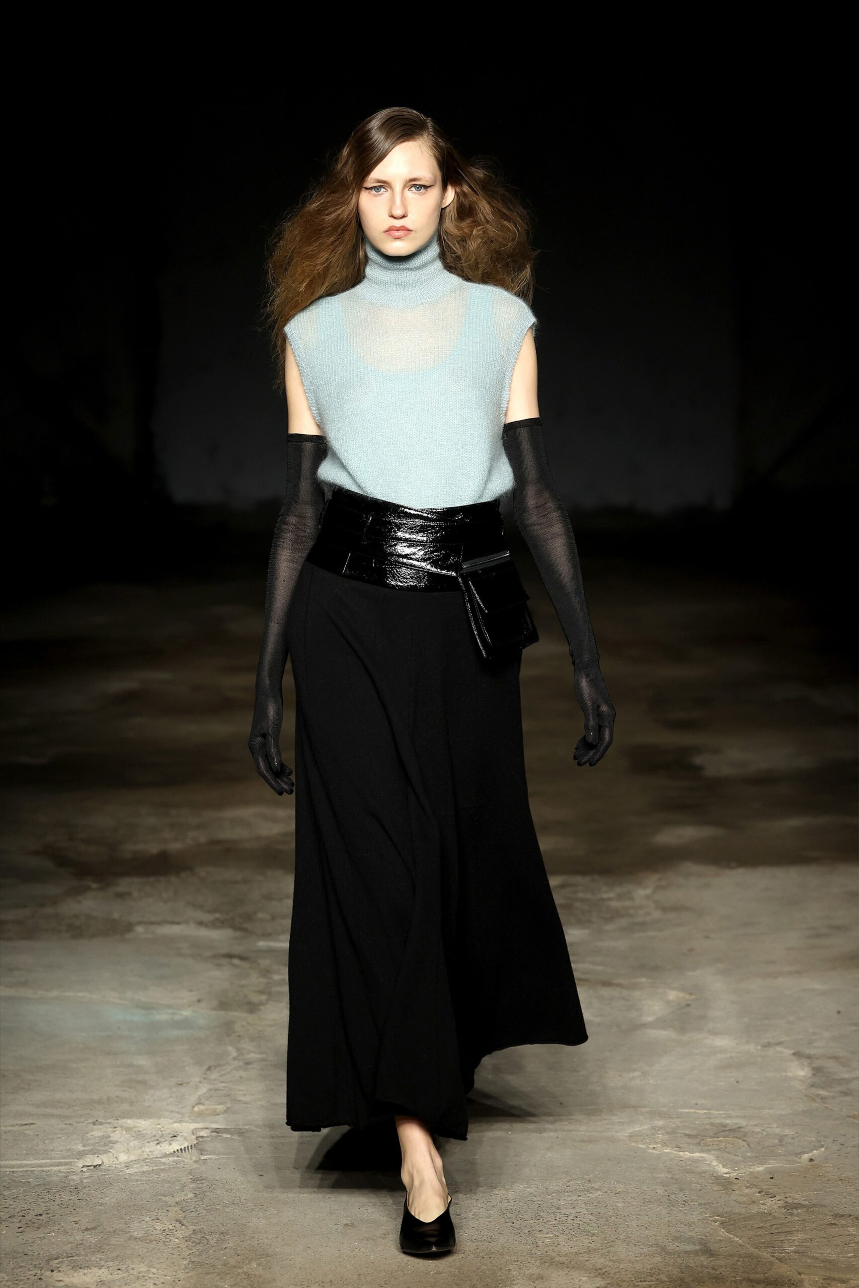 blue fitted top with black maxi skirt