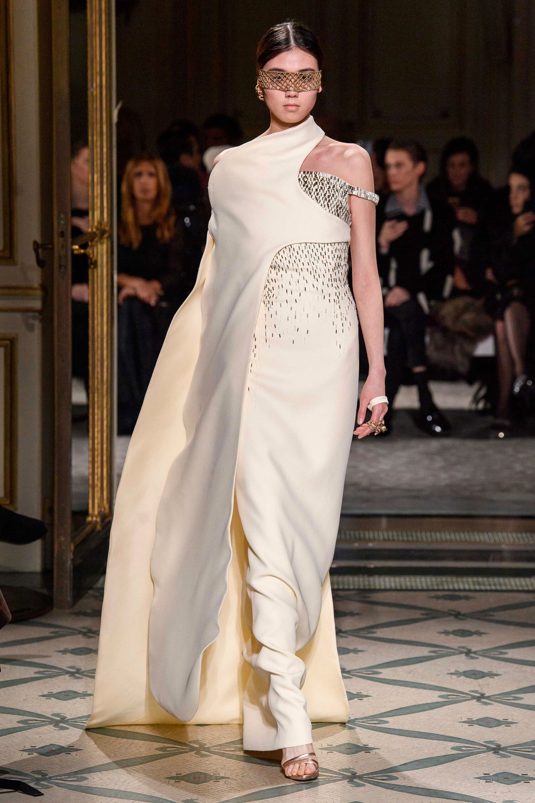 white silk asymmetric gown