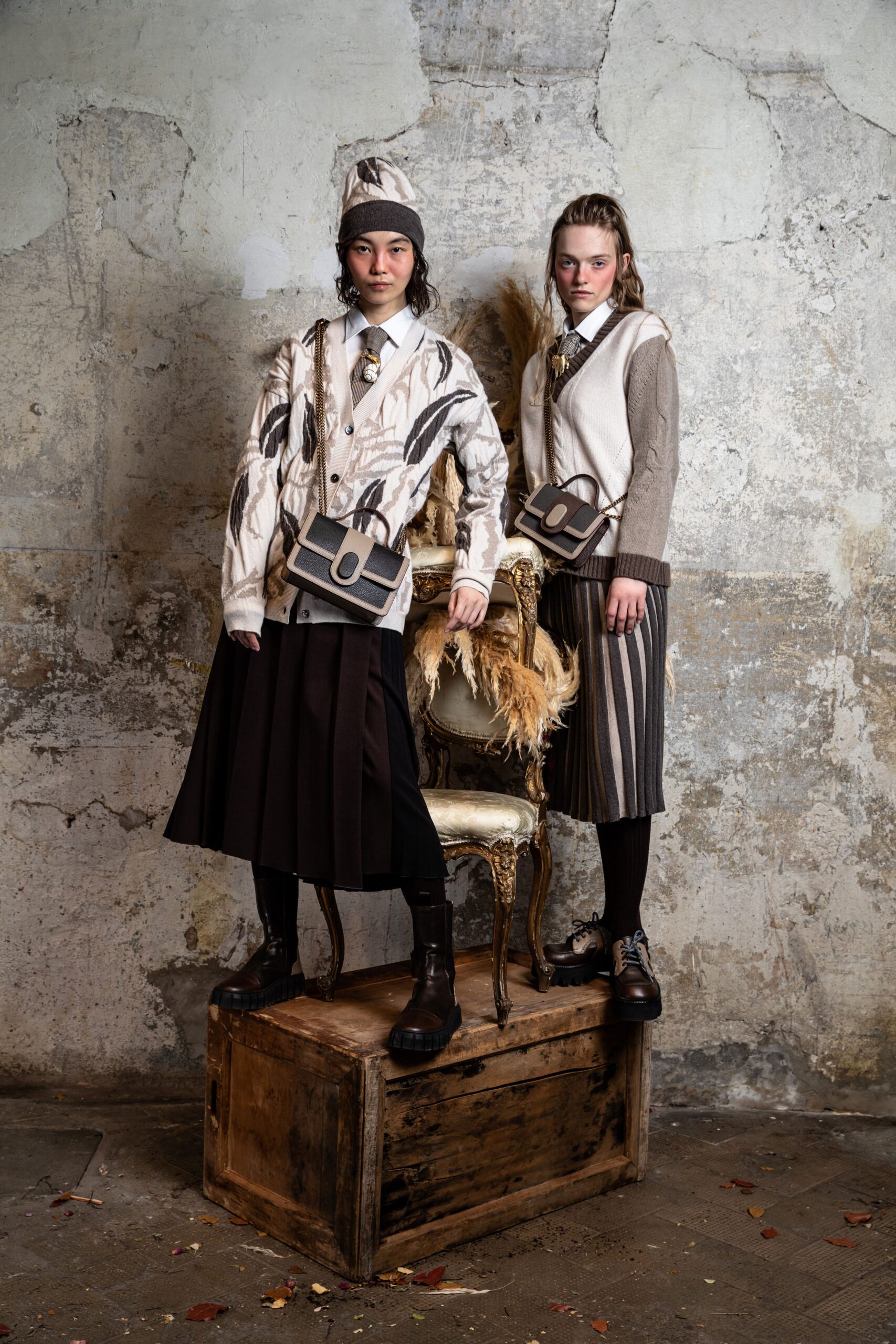 relaxed wool sweater with pleated skirt