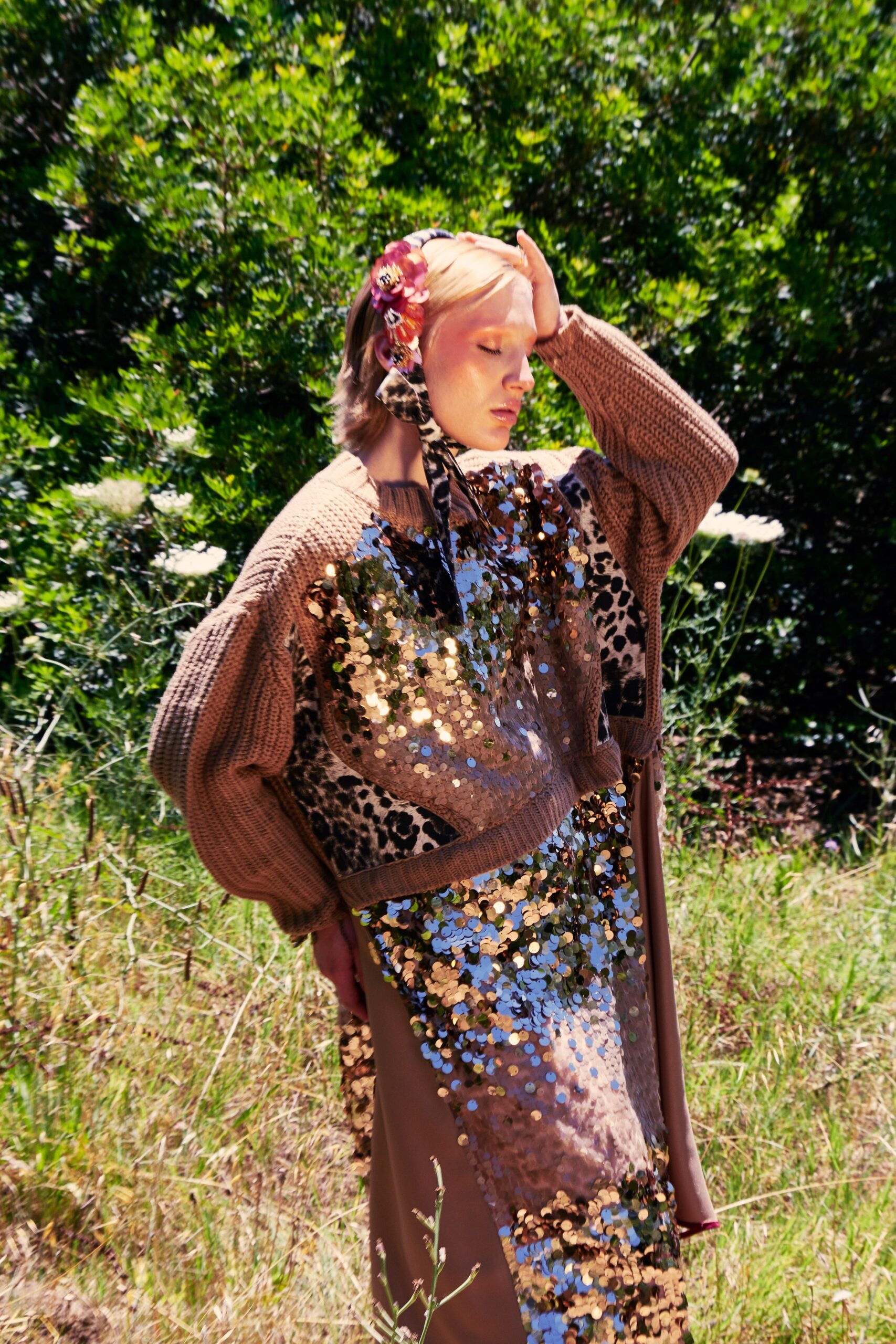 brown knit sweater and gold sequin dress