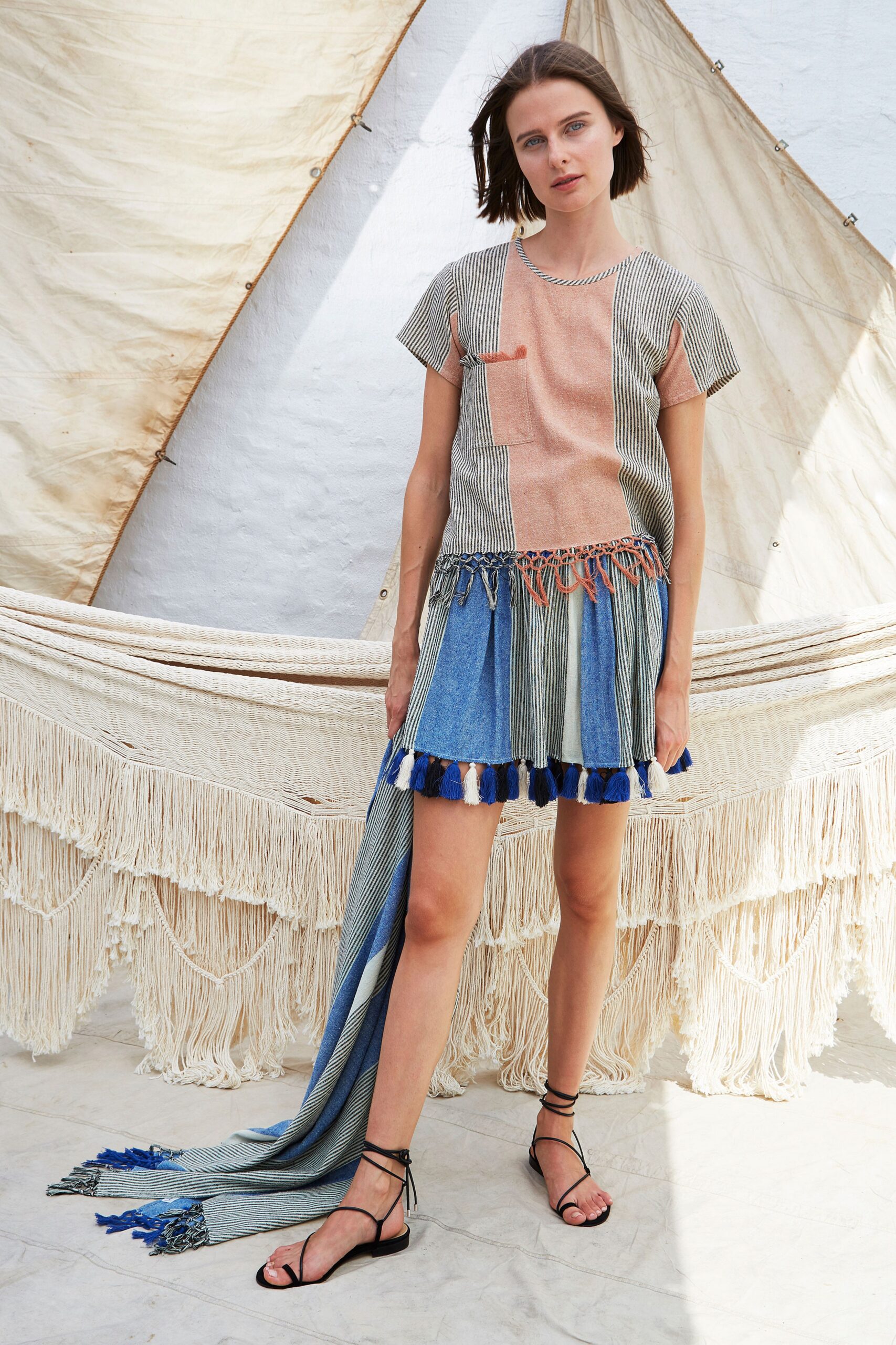 blue and orange tiered mini dress